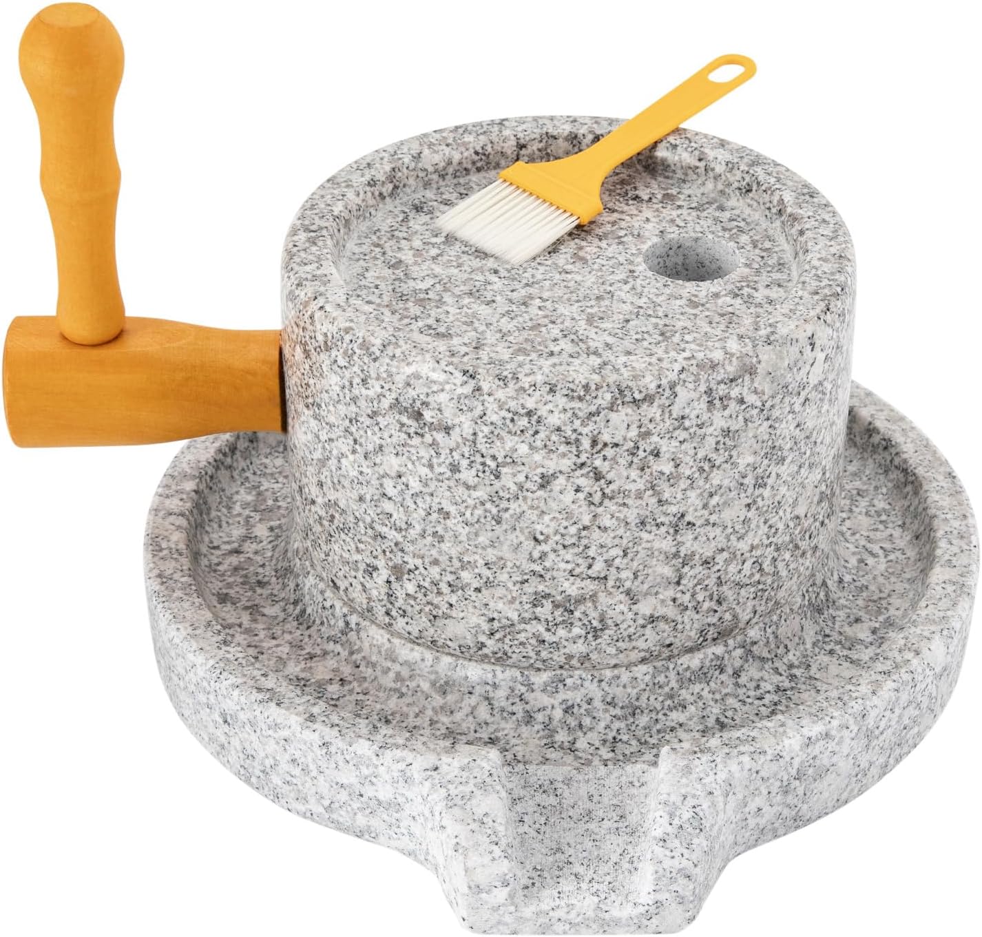 Natural Granite Handmade Stone Mill,Stone Grain Mill Grinding Tool With Wooden Frame,Manual Stone Grinder Paste Millstone With Filter Bag For Grind Dry And Wet Foods