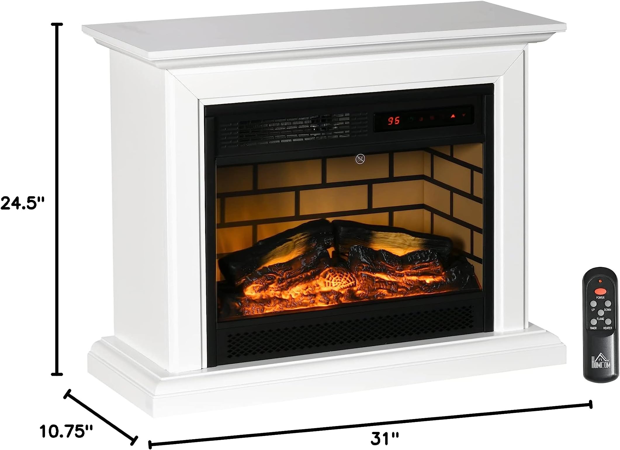 HOMCOM 31" Electric Fireplace with Dimmable Flame Effect and Mantel, Freestanding Space Heater with Log Hearth and Remote Control, 1400W, White