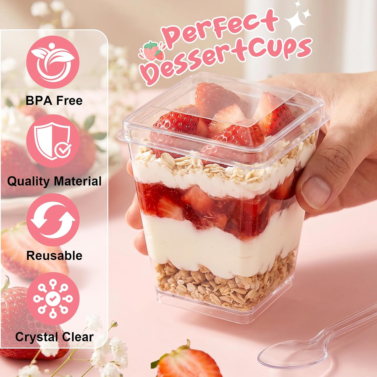 300 Pcs 5 oz Clear Plastic Dessert Cups with Lids and Spoons, Square Mini Shooter Cups, Yogurt Parfait Cups for Pudding, Fruit, Ice Cream, Appetizer Cups for Weddings, Parties, Picnics, and Camping