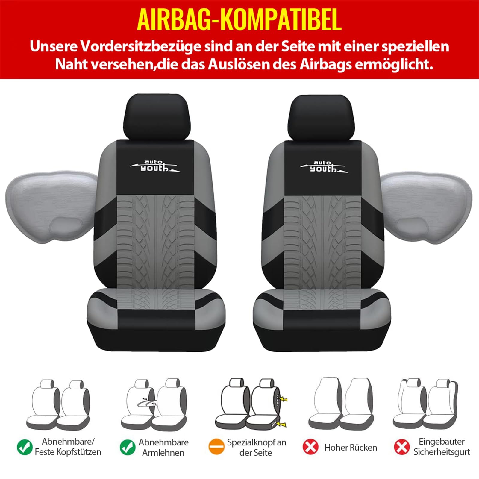 AUTOYOUTH Autositzbezüge Universal Fit Komplettset Autositzschoner Reifenschienen Autositzzubehör, Grau