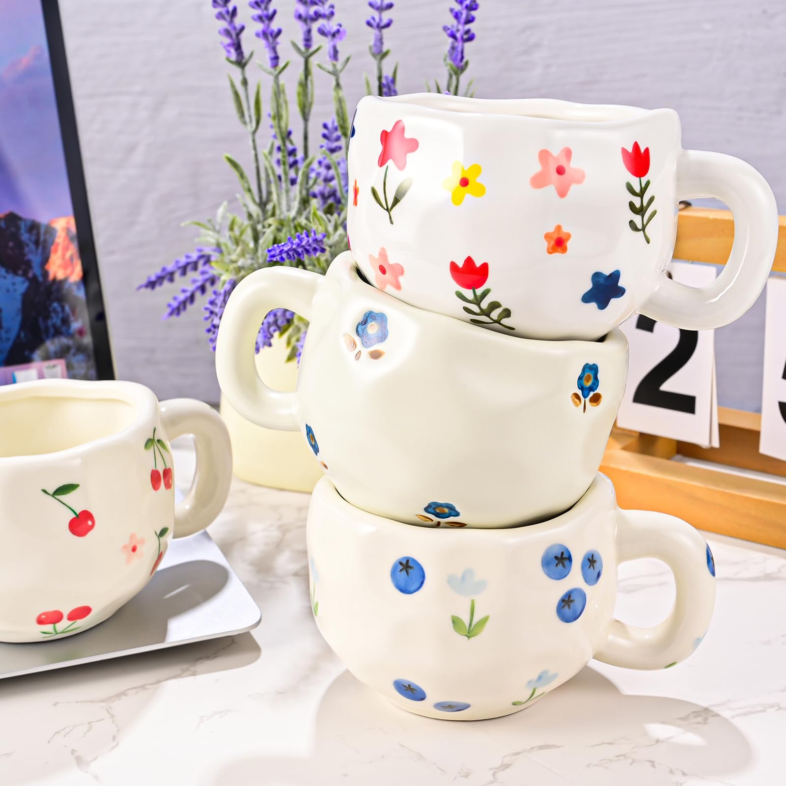 Lot de 4 tasses à café en céramique peintes à la main - Motif floral mignon - Pour le bureau et la maison - Tasse à thé vintage pour cappuccino, cacao, expresso - Passe au micro-ondes - 290