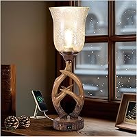 Vista 10 de Juego de 2 lámparas de mesa de cornamenta de ciervo para sala de estar con puertos USB, lámpara de noche rústica con luz nocturna para dormitorio