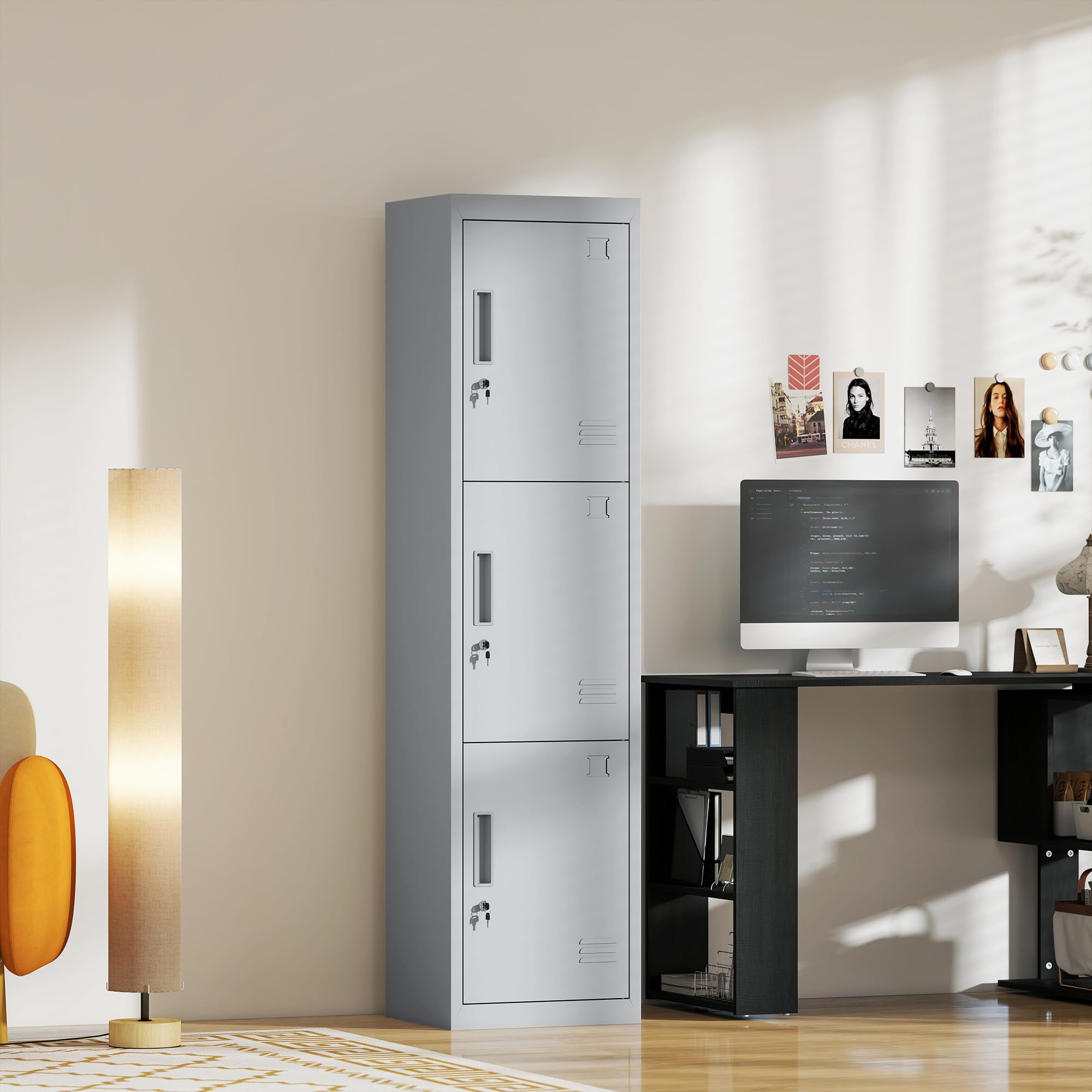 HOMCOM Armadietto per Documenti a 3 Ante e 3 Ripiani in Acciaio, Armadio Ufficio con Serratura Chiavi, Fessure di Ventilazione, Mobiletto Multiuso Portadocumenti, per Casa Ufficio, 45x38x180cm, Grigio