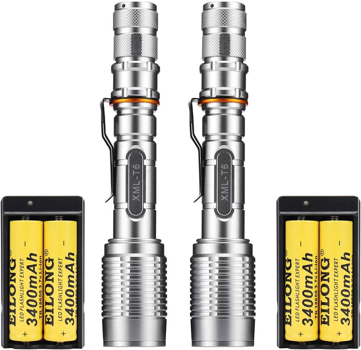 Skywolfeye 2 Pack High Lumens Led Rechargeable Flashlights with Clip Handheld 3000LM X-ml T6 Military 5 Modes Waterproof Zoomable Tactical Torch + 18650 Battery+ Charger for Cycling Climbing Camping