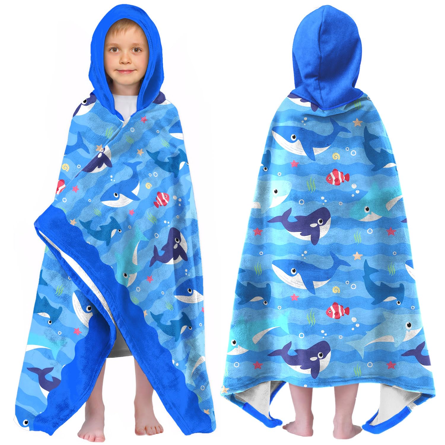 Shark Print Hooded Beach Towel for Boys, 30x50 in Bath Swim Wrap, 04