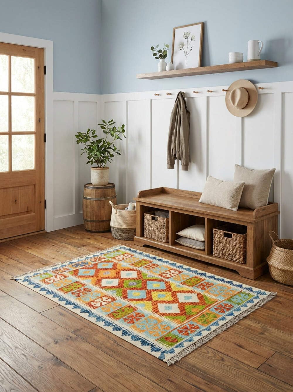 Kilim Tapis 100 % laine 118 x 80 cm, fait à la main, pièce unique de style Herat Boho multicolore, tissage plat, tapis d'entrée et chambre