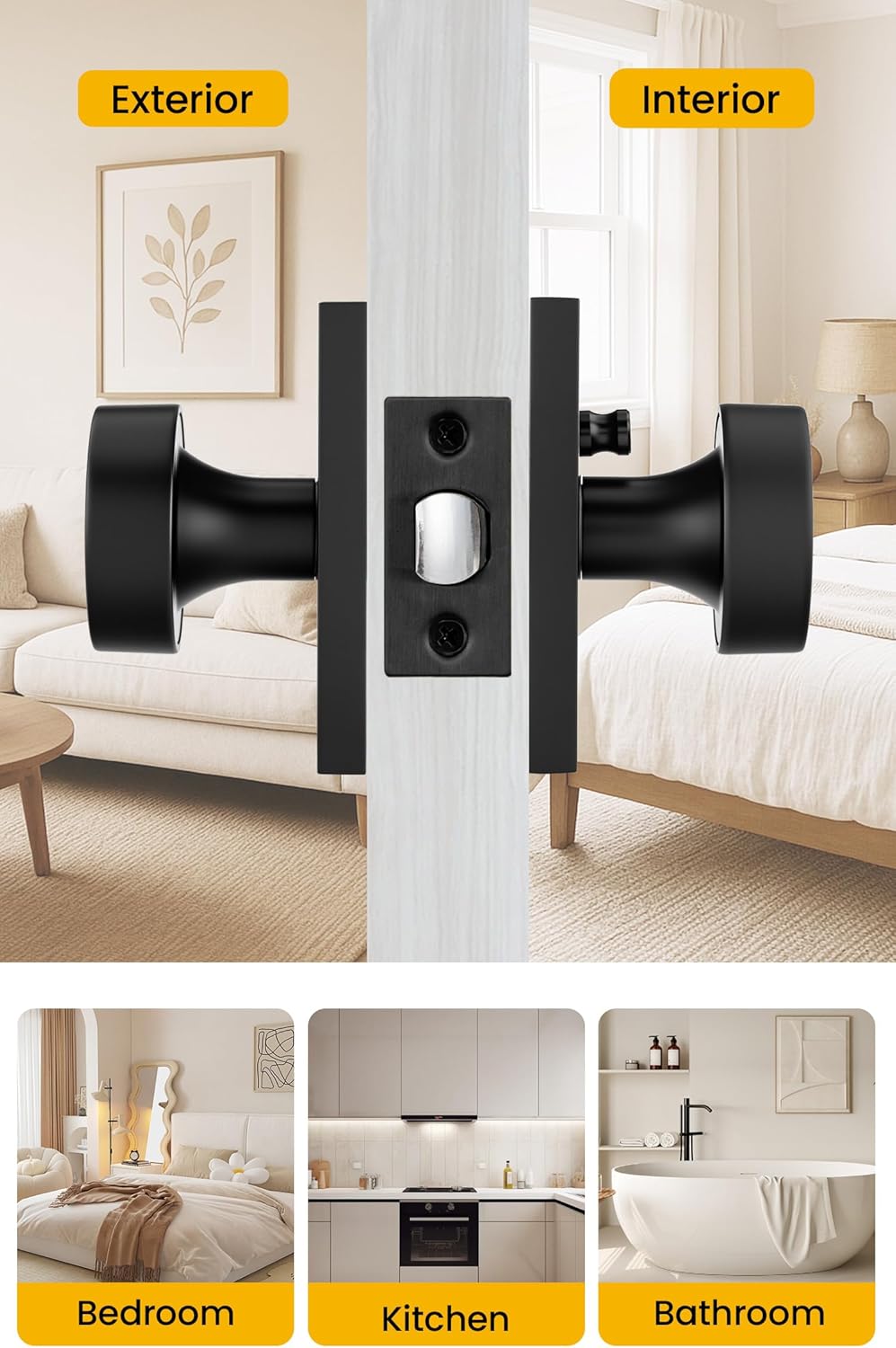 Goldenwarm Black Door Knob Interior, Heavy Duty Matte Black Interior Door Knobs for Bedroom Bathroom, Round Privacy Door Knob, Zinc-Alloy Rectangle Rosette Indoor Doorknob (1 Pack)