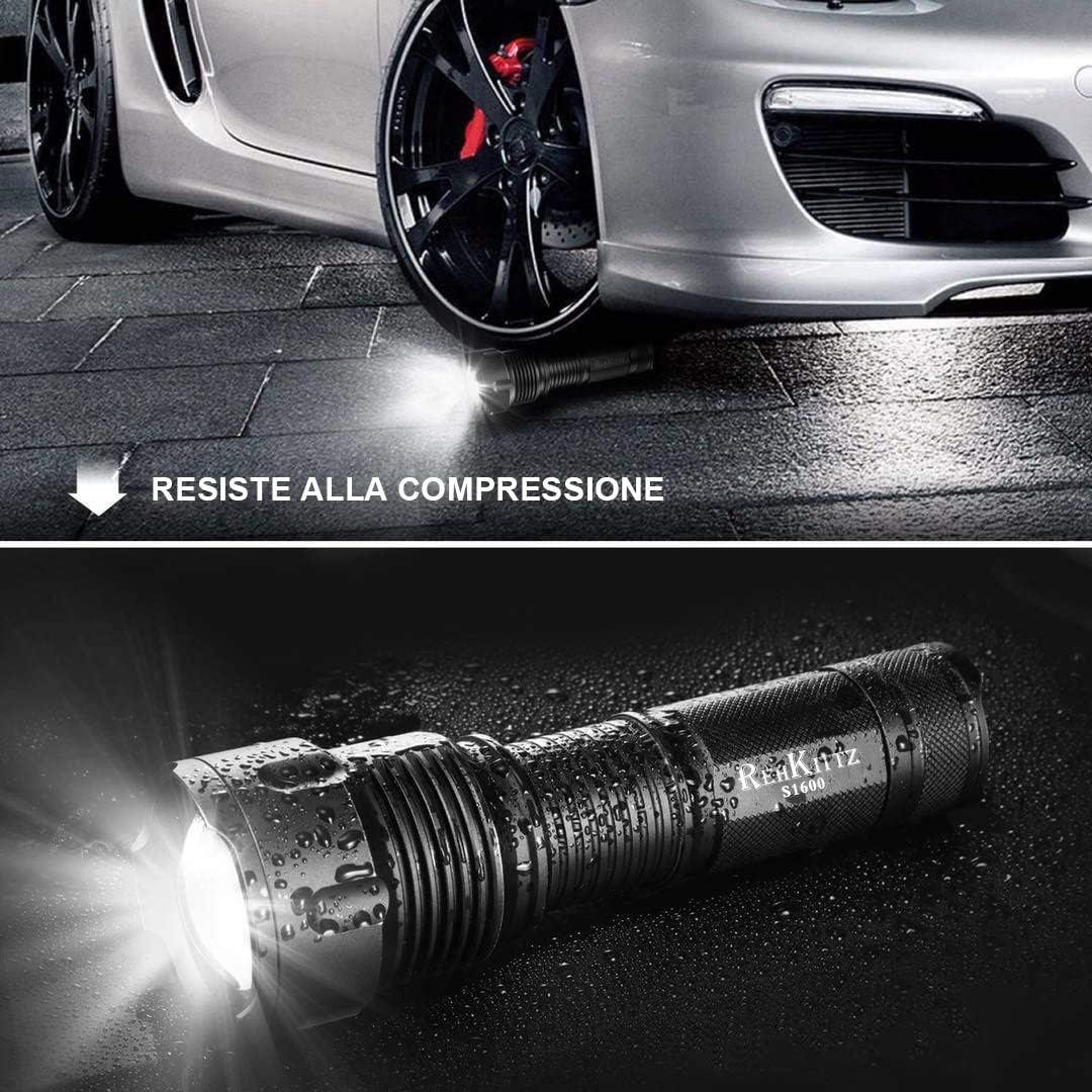 REHKITTZ Torcia LED 3300 Lumen Ultra Potente Regolabile Zoomable Torcia, per Attività Esterne o Fai Da Te.
