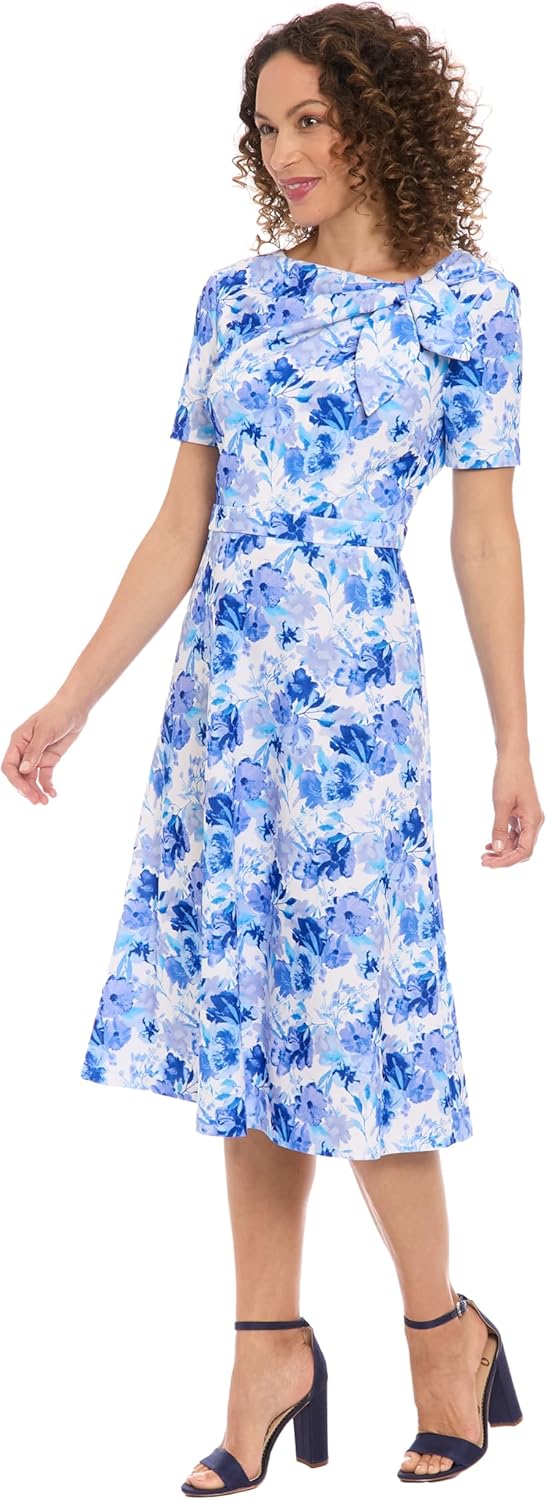 London Times Women's Elegant A-line Midi Bow Detail-Short Sleeve for Wedding Guest Cocktail Party Special Occasion Dress