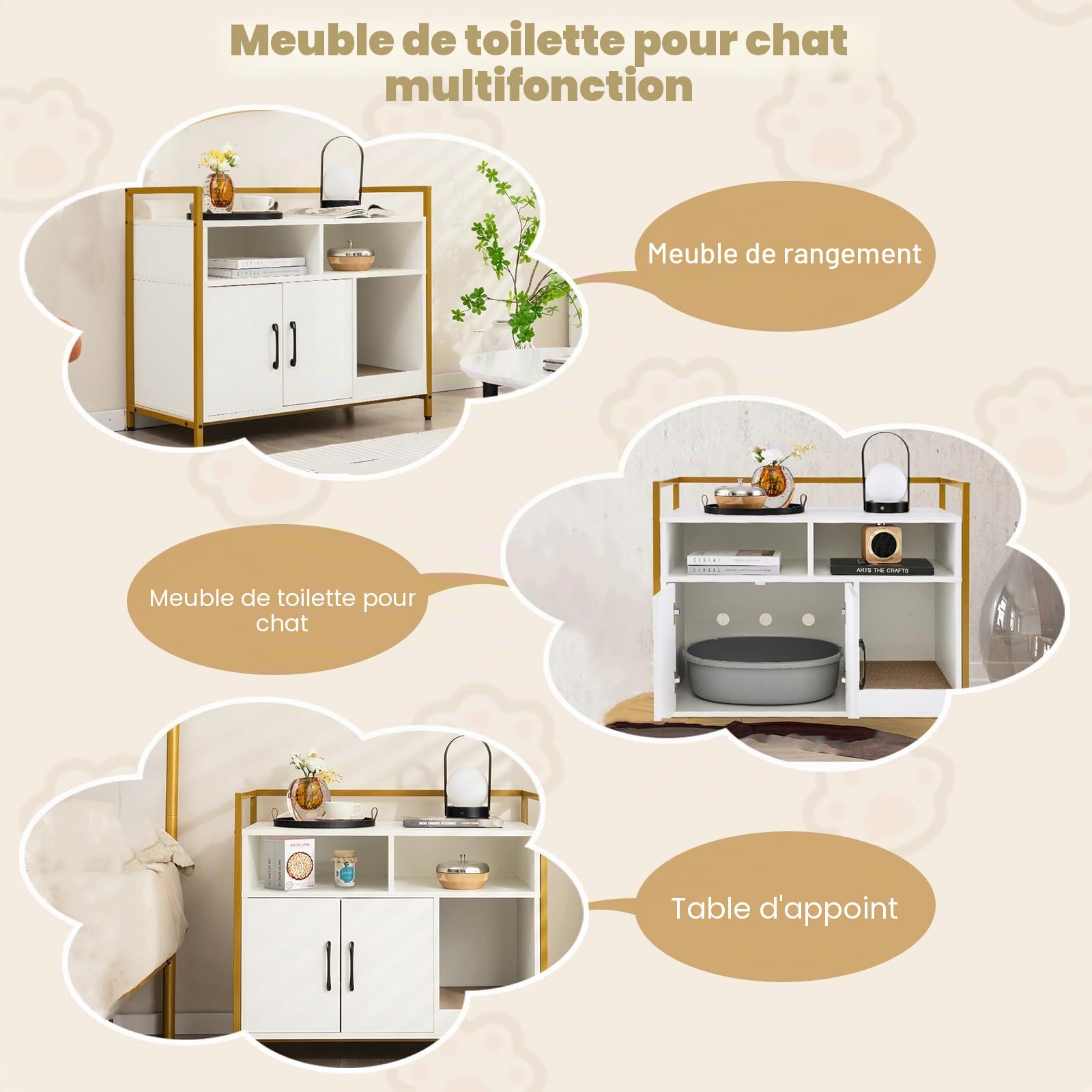 SOARS Maison de Toilette Chat, Meuble Litiere Chat avec Tapis à Griffer, Étagères Ouvertes, 2 Compartiments, Pieds Hauts, Maison Chat pour Salon, Couloir, Entrée (Blanc, 89 X 45 X 74,5 CM)