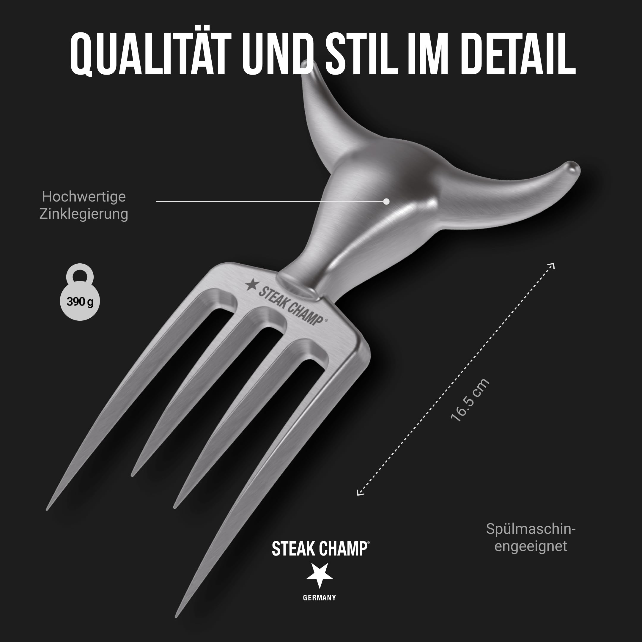 Steak Champ Bull Fork Fleischgabel, 16,5 cm: Massive Serviergabel, Tranchierbesteck, mit Zinklegierung, verchromt, spülmaschinenfest