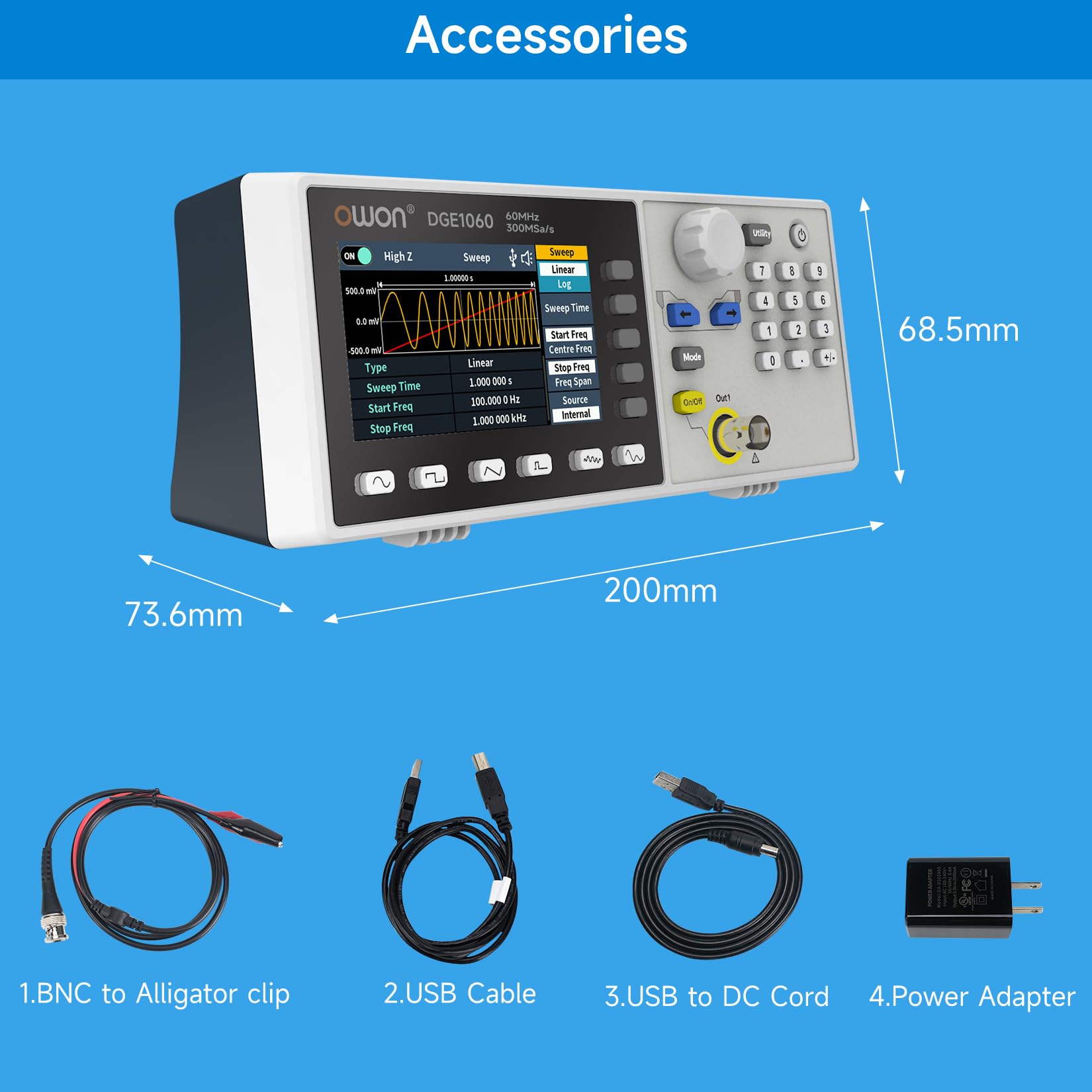 OWON DGE1060 Générateur de fonctions 60 MHz, 300 MSa/s, 14 bits