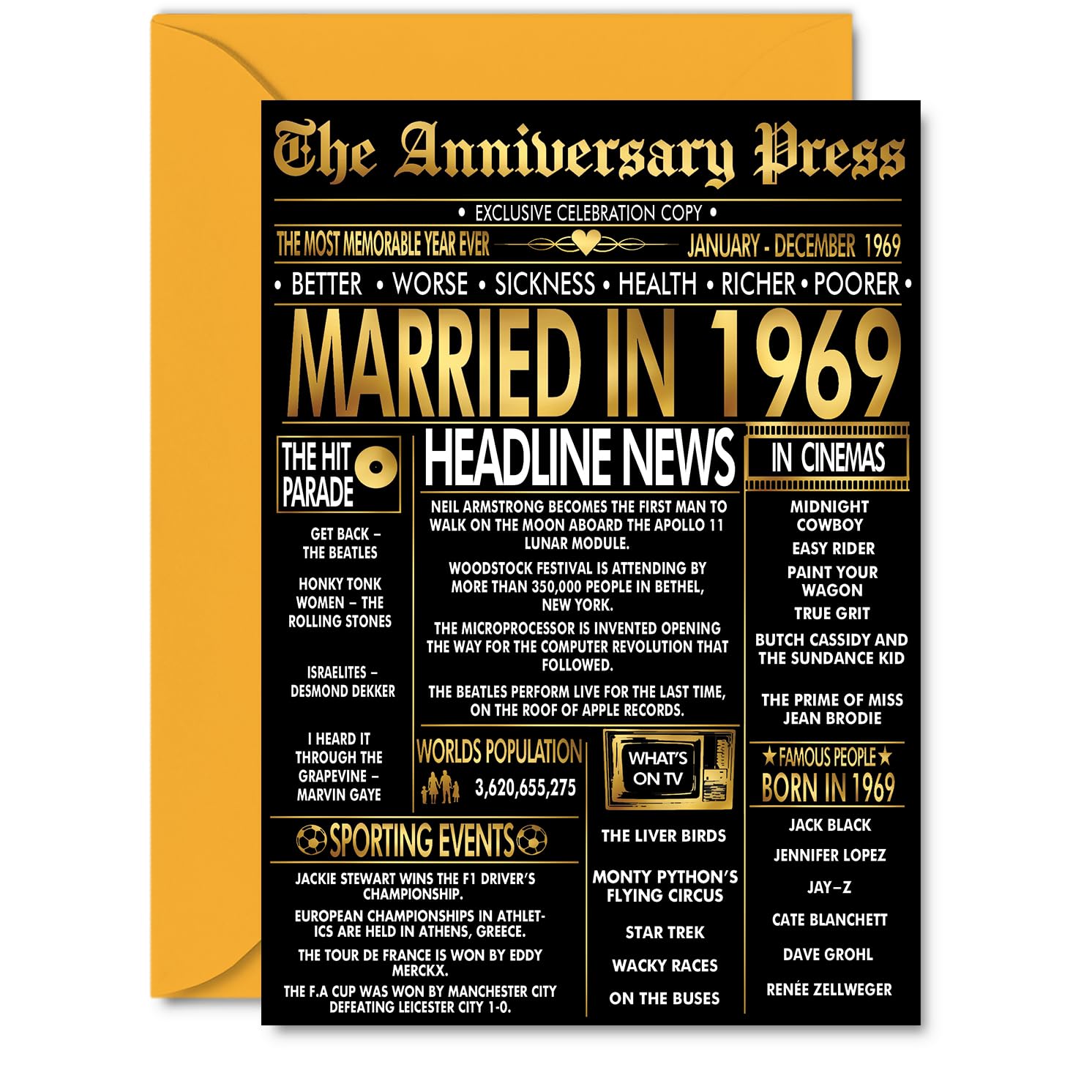 Gold 57th Anniversary Card for Men Women - Golden Newspaper Married in 1969-57 Year Wedding Anniversary Card for Husband Partner Wife Companion, A5 Anniversaries Greeting Cards