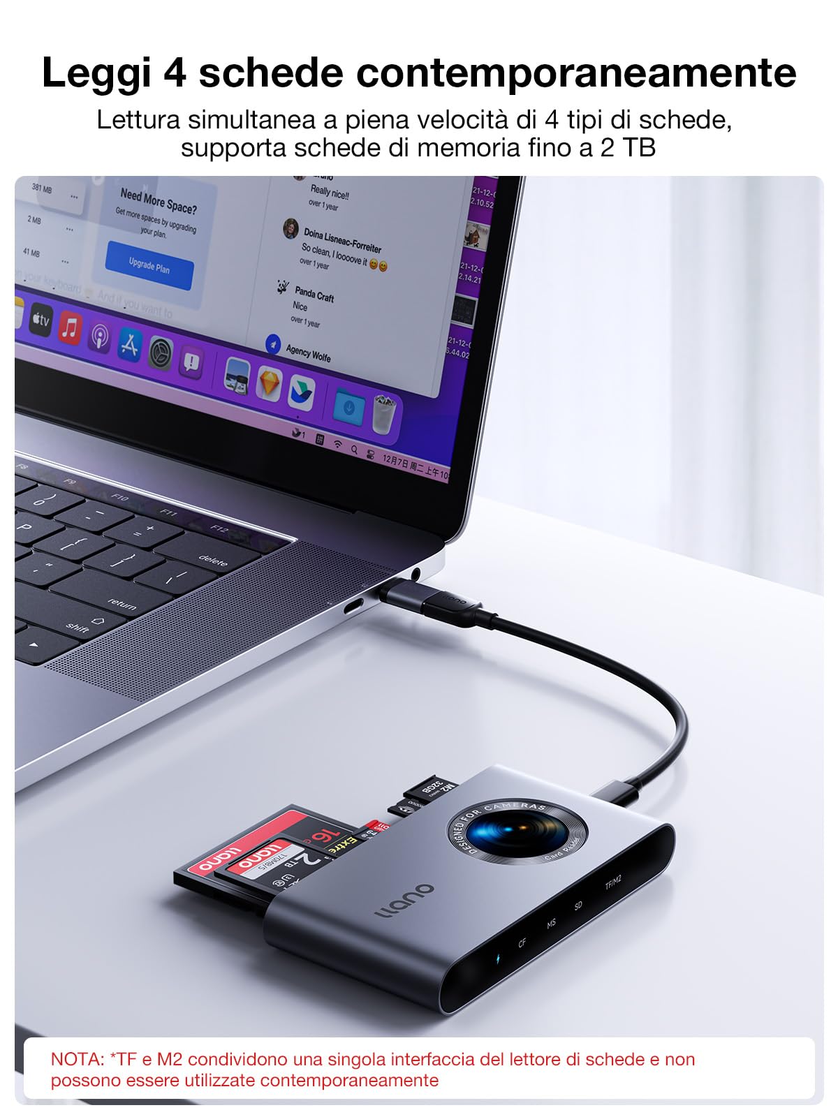 llano Lettore di Schede 5-in-1 USB-C per Micro-SD, Compatibile con SD/TF/MS/CF/M2, Plug & Play, Legge e Scrive 4 Schede Contemporaneamente, Compatibile con Windows/Linux/macOS/Chrome OS