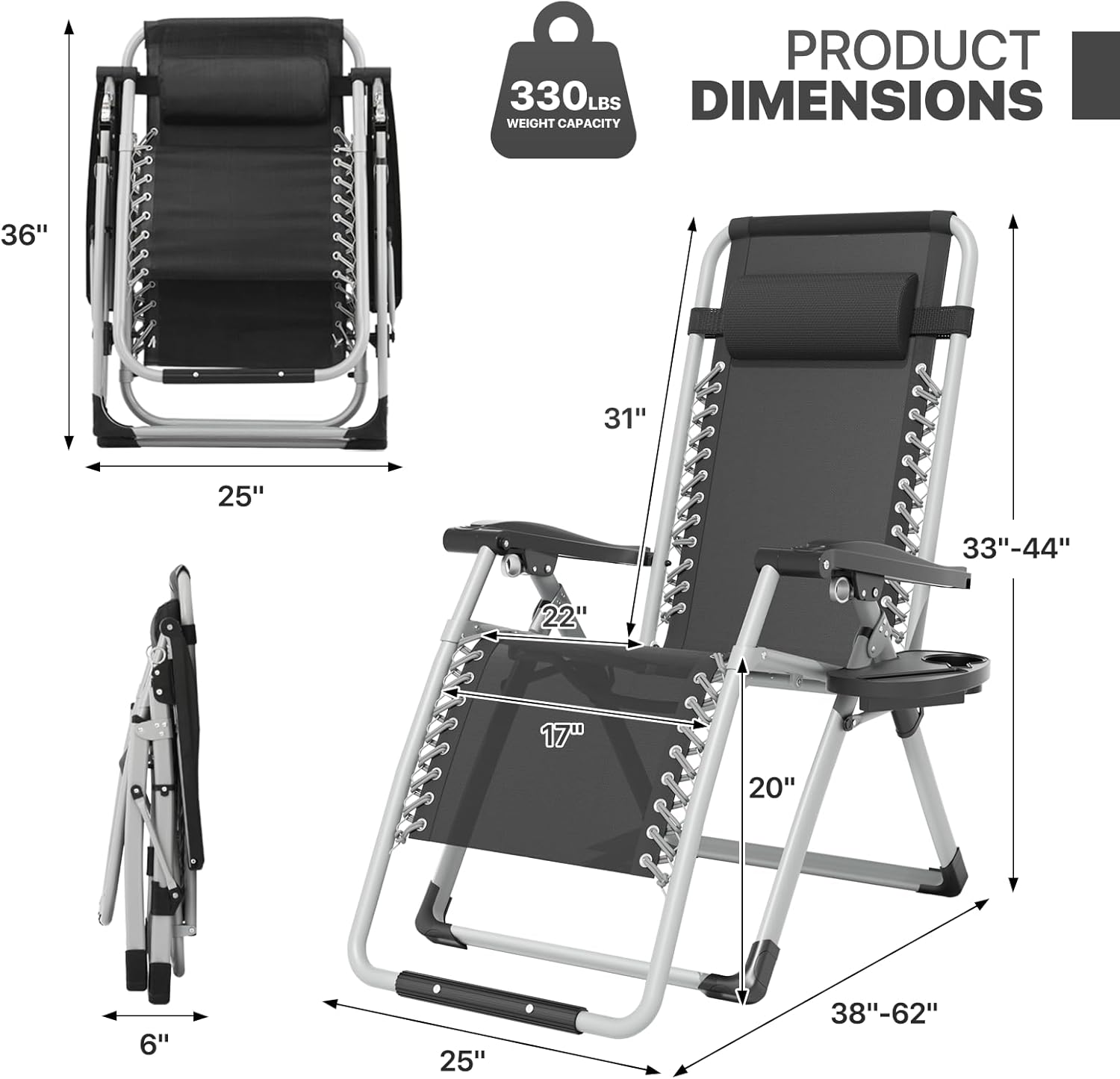 Magshion Zero Gravity Chair with Cushion, Reclining Outdoor Patio Lounge Chair, Folding Indoor Anti Gravity Recliner, Portable Lounger with Removable Cup Holder Side Tray and Pillow Headrest (Black)