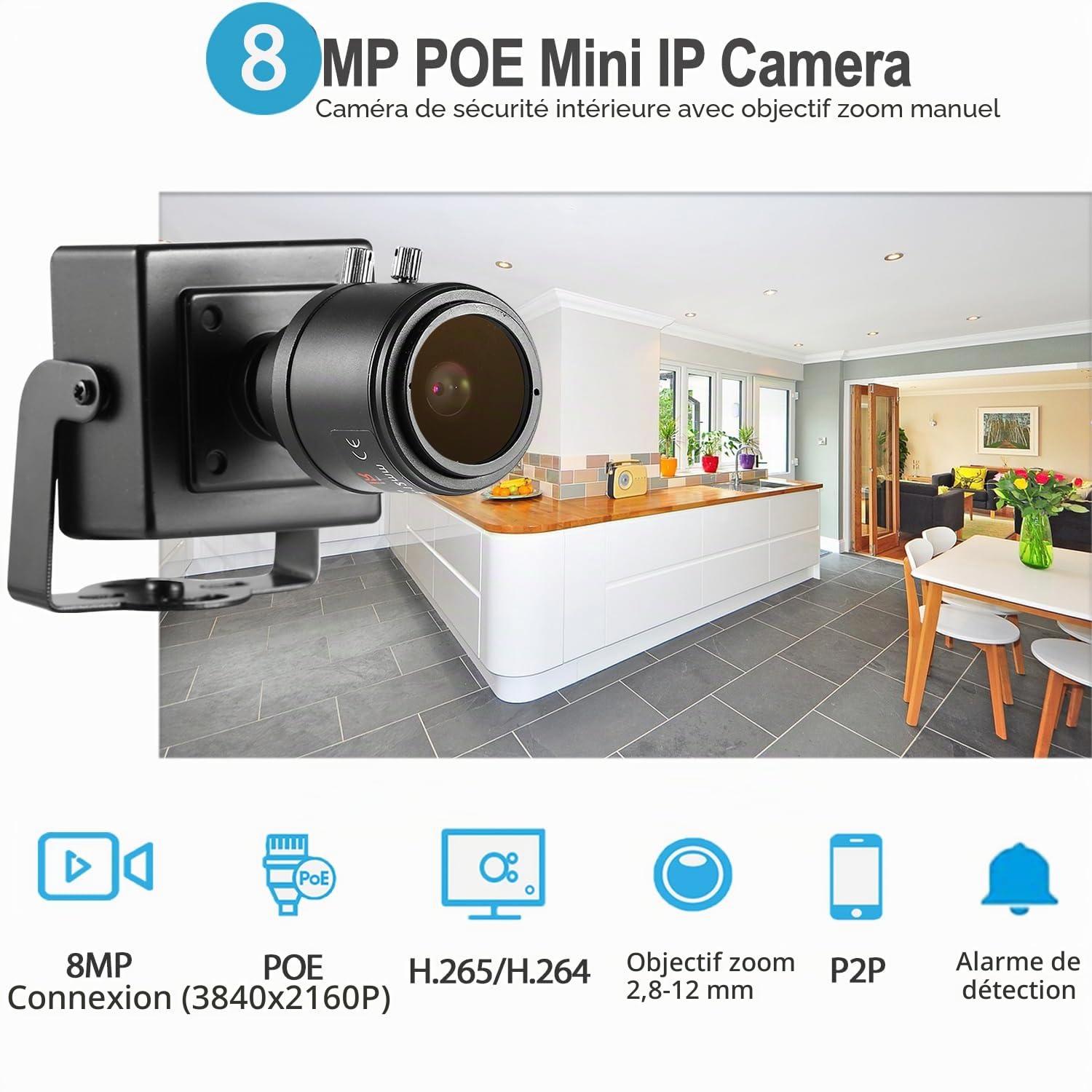 Mini caméra IP POE UltraHD 4K (8MP), Objectif Zoom Manuel 2.8-12mm Caméra de sécurité intérieure P2P CCTV Caméra IP POE H.265 Détection de Mouvement (I712-P-HS82)