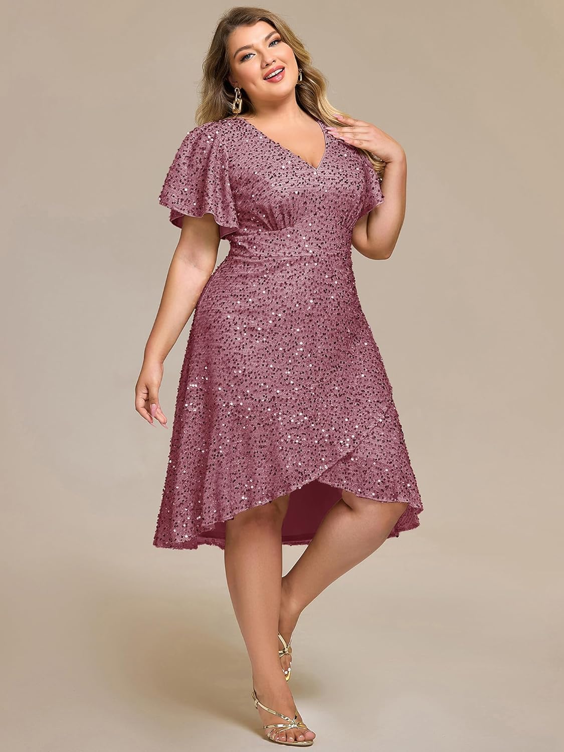 Ever-Pretty Plus Women's Formal Eveing Dress V Neck A-line High Low Sequin Plus Size Christmas Cocktail Party Dresses - Image 3