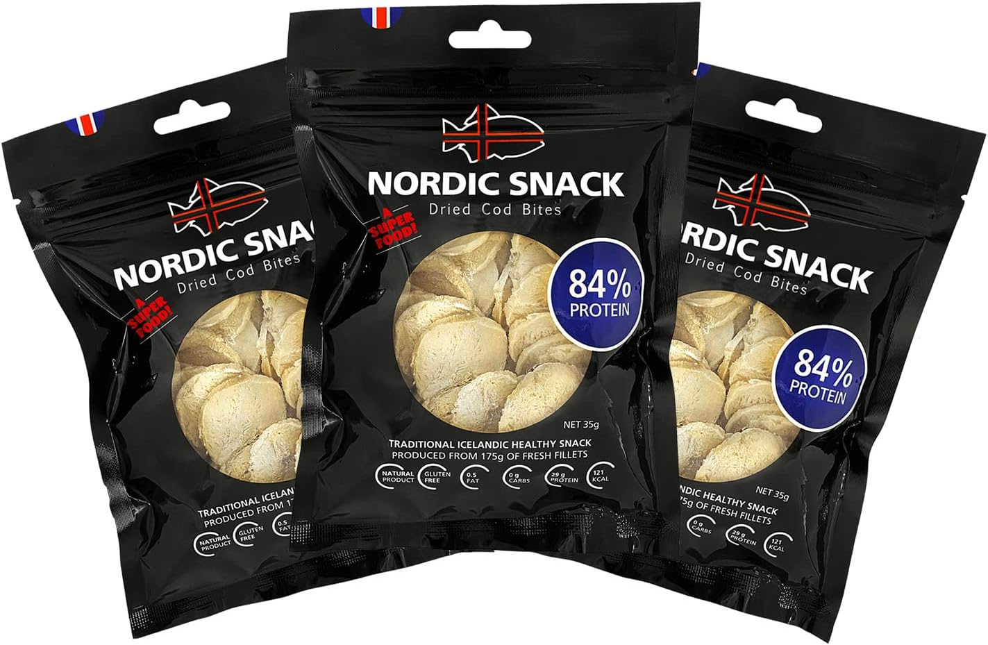 Freeze Dried Cod Bites Seafood Snacks - Chips made from Wild Caught Icelandic Cod Fish - Healthy Snack, Rich in Omega 3 Fatty Acids, Protein Packed Fish Jerky for Humans, Keto Friendly Dry Fish - 35g Resealable Bag - 3 Pack