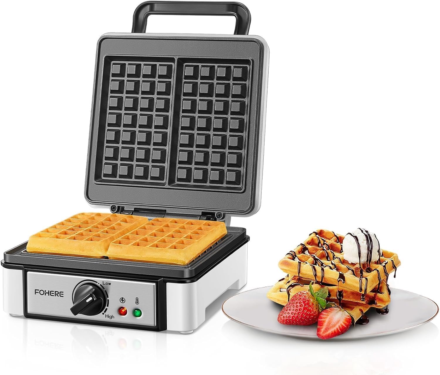 FOHERE Belgijskie gofry, 4 kwadratowe, powłoka nieprzywierająca, łatwe czyszczenie, regulacja temperatury, gofry z 5 poziomami opiekania, 1200 W, idealne na uroczystości rodzinne