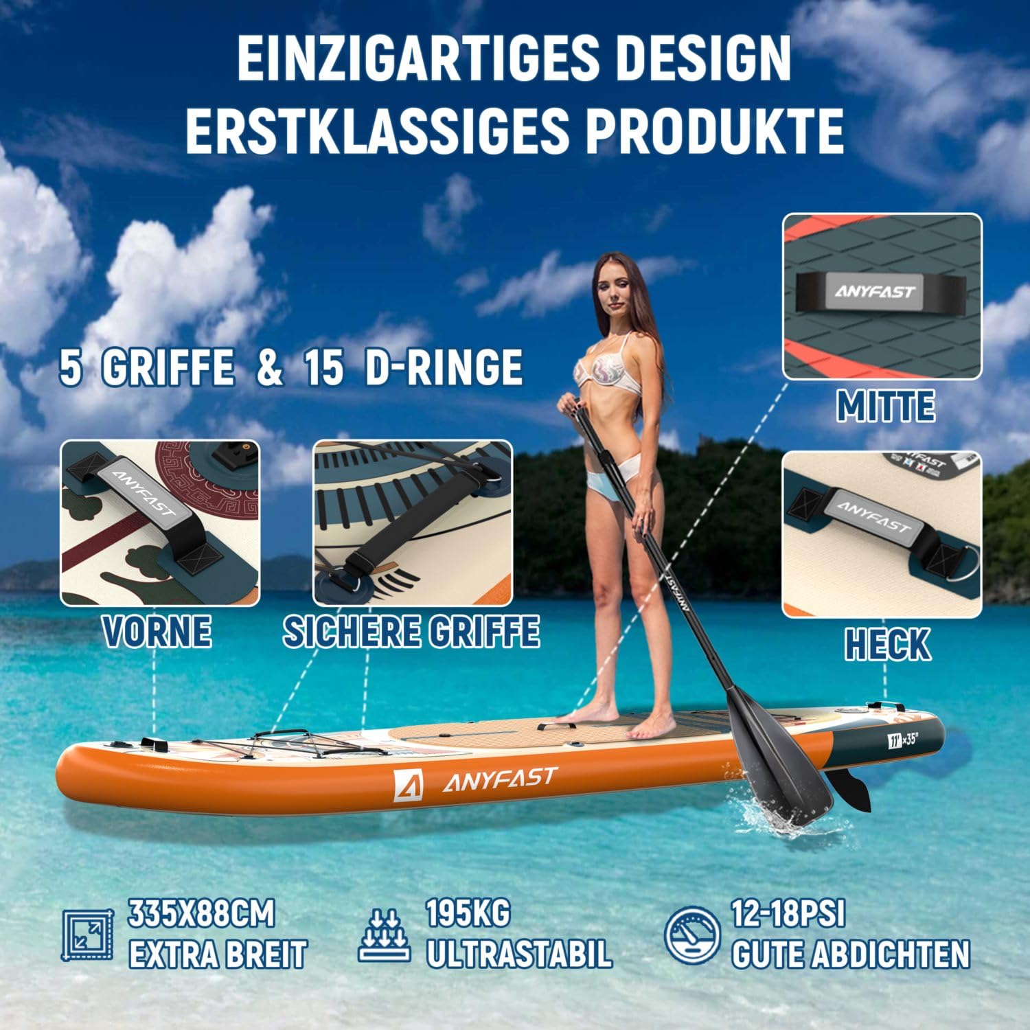 ANYFAST Stand up Paddle-Board-Wide-Gonfiabile-Pesca-Paddleboard - Ultra Stabile Wide SUP, pompa, porta macchina fotografica, guinzaglio, zaino, accessori, giovani/adulti