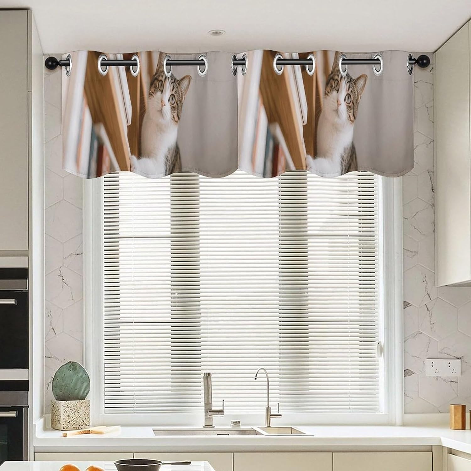 Cat on The Bookshelf Valance for Windows, 2 Pack Kitchen Curtains Modern Home Decor, Soft Blackout Window Curtains for Living Room & Bedroom, 18 X 52 Inch