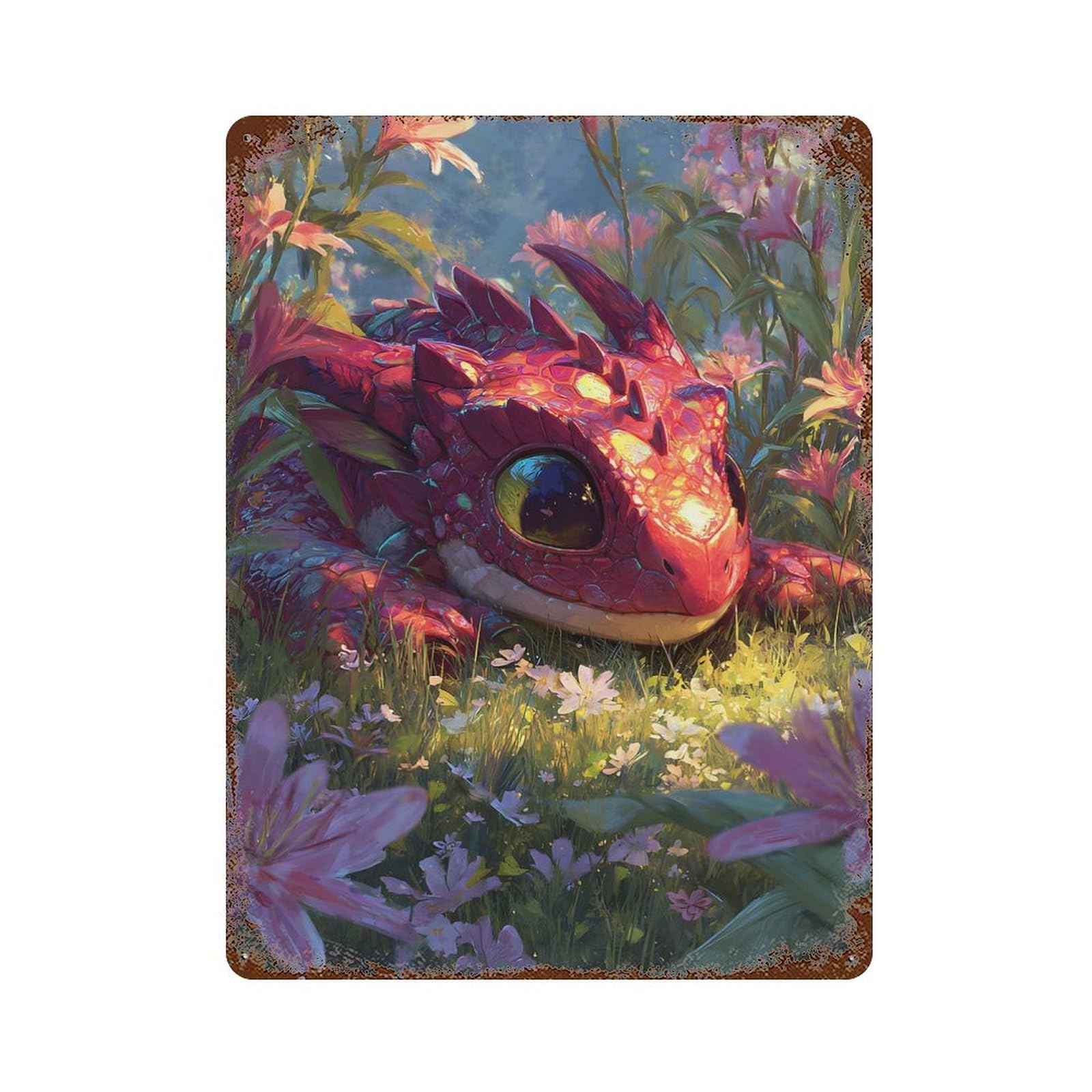 Rust Effect Cute Red Dragon in Flower Meadow Retro Metal Sign 15.7"x11.8", Novelty Wall Decor for Bistro, Counter And Cafe Decor