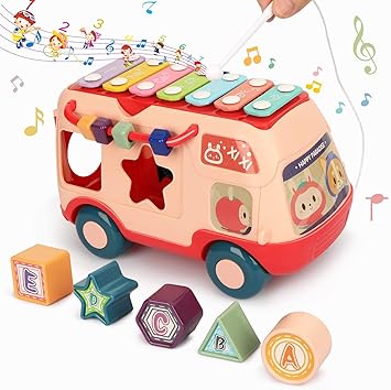 Adichai Shape Sorter with Five Colorful Shape Blocks , Music Bus Modeling with Different Kind of Music, (Pink Color)
