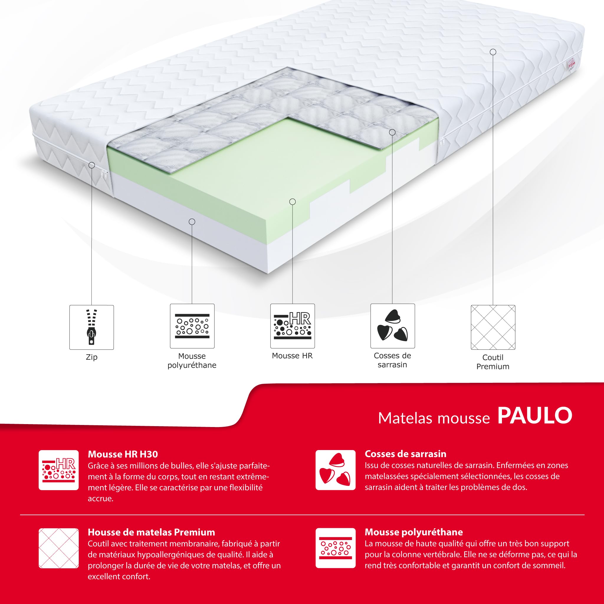 FDM Paulo Matelas 90x200 cm Mousse à Mémoire de Forme avec Couche de Sarrasin Naturel Épaisseur 16 cm Fermeté H3 Matelas à Deux Faces 7 Zones de Confort Housse Lavable Oeko-TEX Hypoallergénique