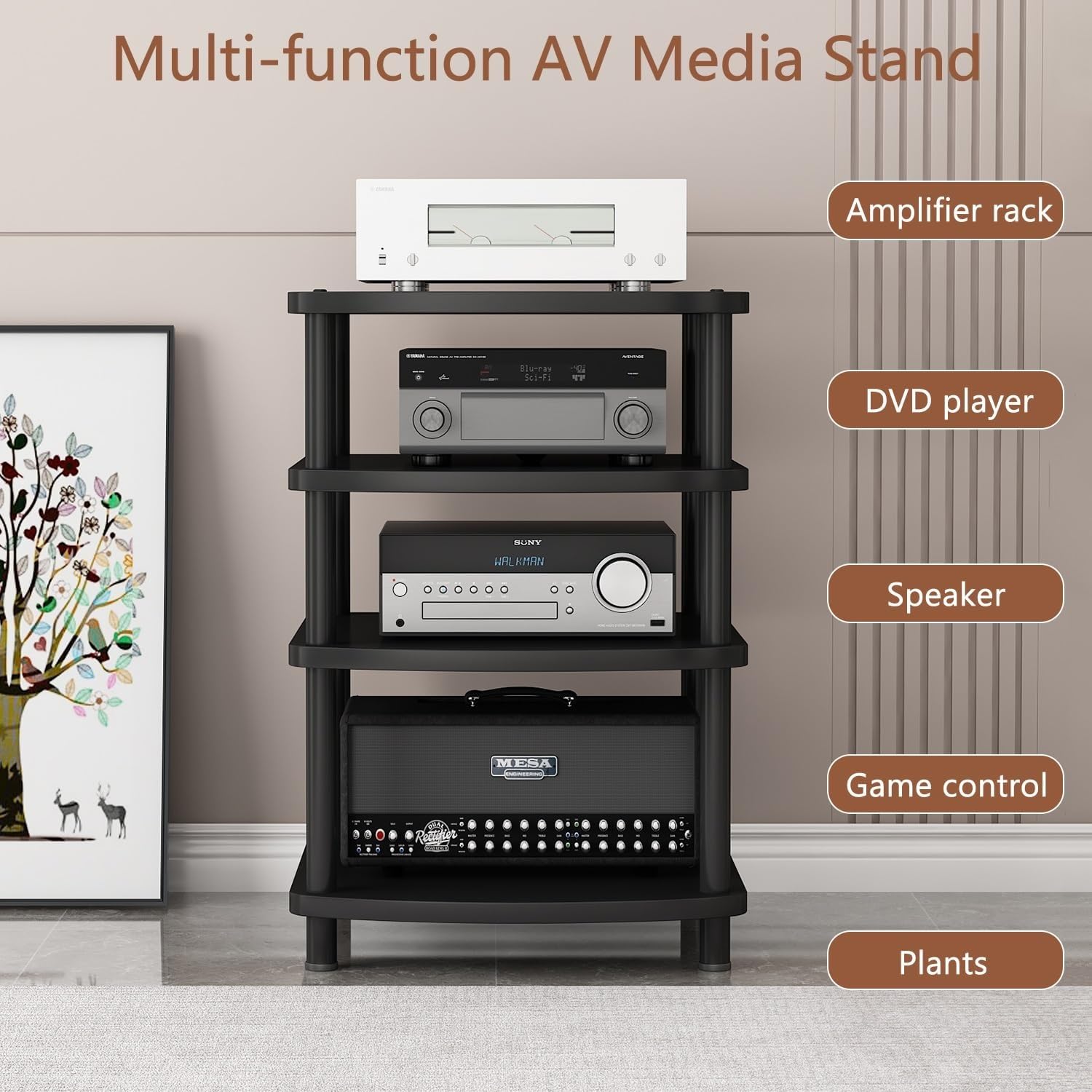 Supporto AV multimediale a torre regolabile in altezza, mensola per console di gioco TV, CD/giradischi stereo componente rack armadio per home cinema studio (3 livelli)
