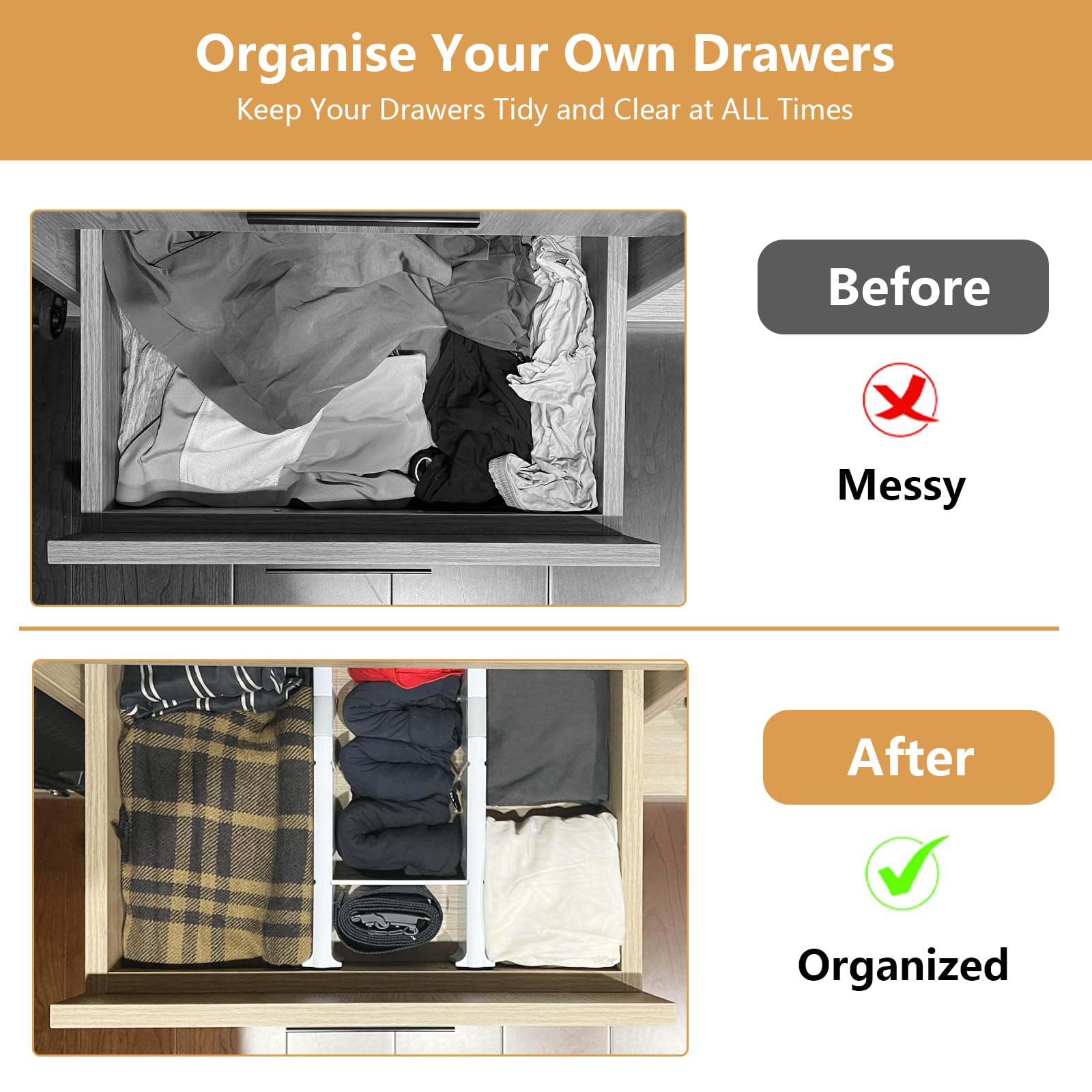 KABUM Organizador divisor de cajones ajustable, organizador de ropa, organizador expandible para el hogar, oficina, 2.8 pulgadas de alto, expandible de 11.7 a 18.5 pulgadas, 4 separadores con 6