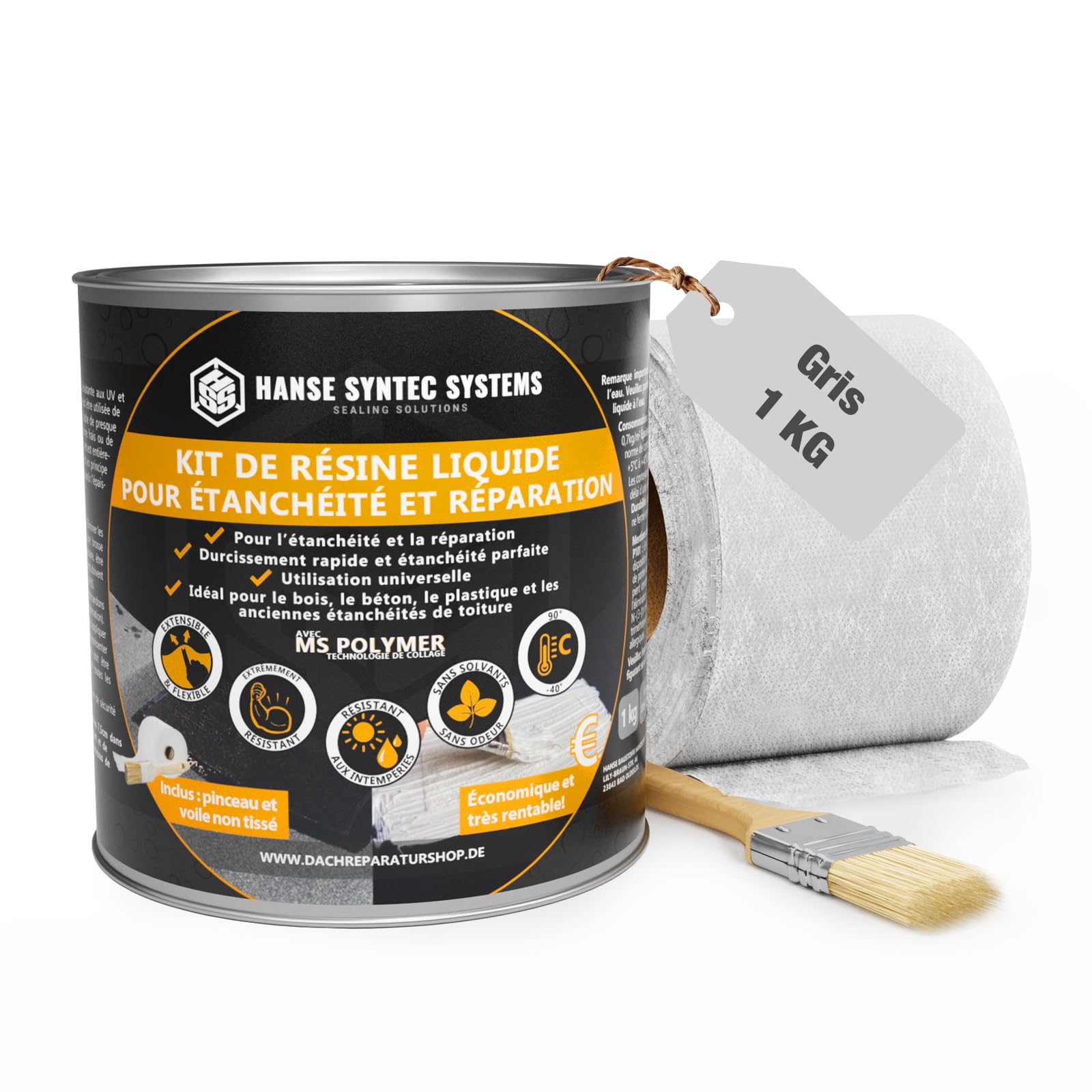 Kit de Membrane d'Étanchéité - Incl. un pinceau et un non-tissé - Joint exterieur et interieur - Colle Étanche pour Fissures & Fuites – Directe Sans Primaire – Tous Matériaux (Gris, 1kg)