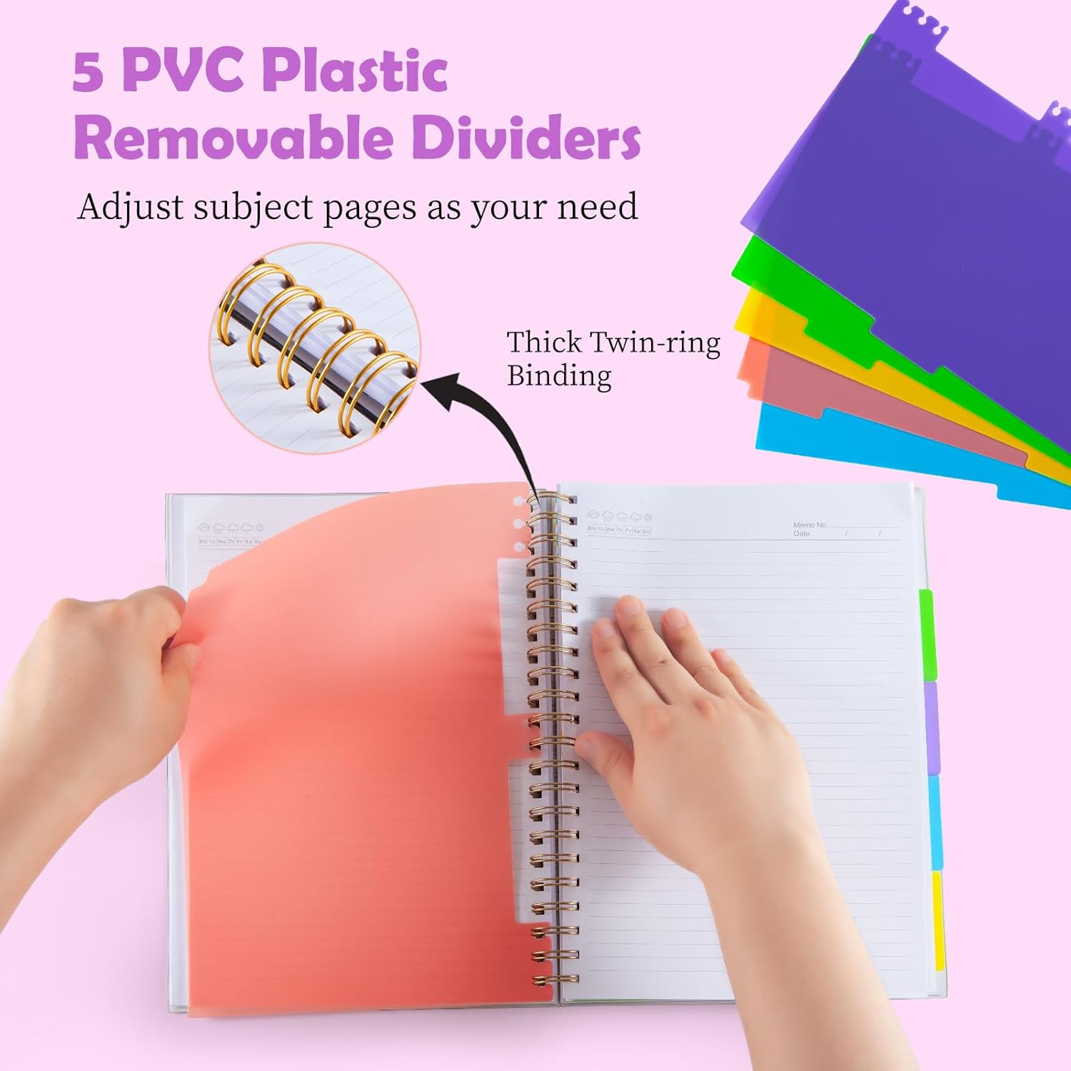 5 Subject Notebook for Work with Removable Dividers Tabs, Large 8.5" x 11 Spiral Lined Notebooks for School Note Taking & Organizer, A4 240 Pages College Ruled Journal for Women & Writing, Pink - Image 2
