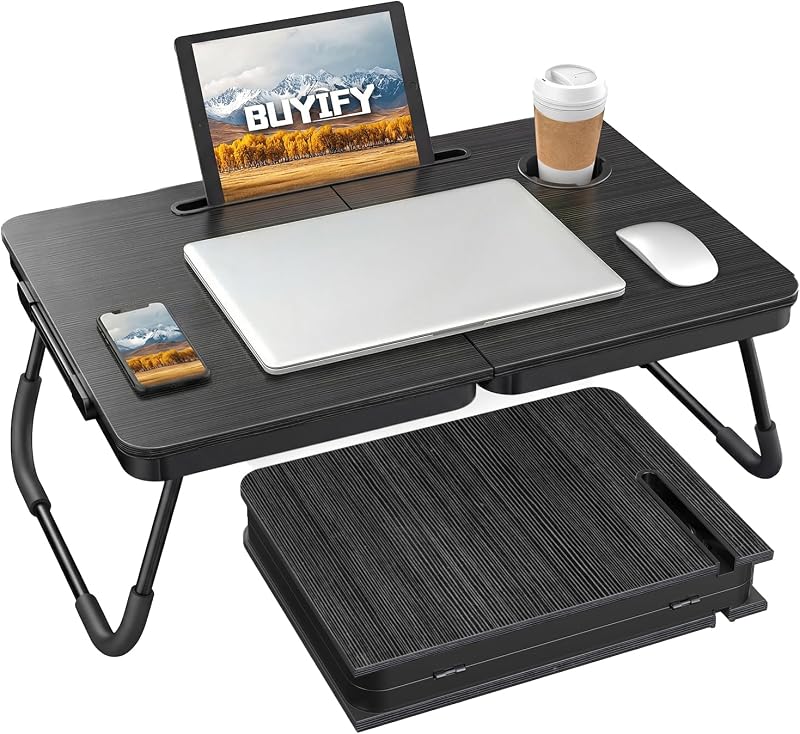 BUYIFY 23.4" Foldable Lap Desk Bed Table with Cup Holder Tray Black | Portable Folds Flat for Easy Storage, No Assembly Laptop Bed Desk, Sturdy and Lightweight, Patent Design