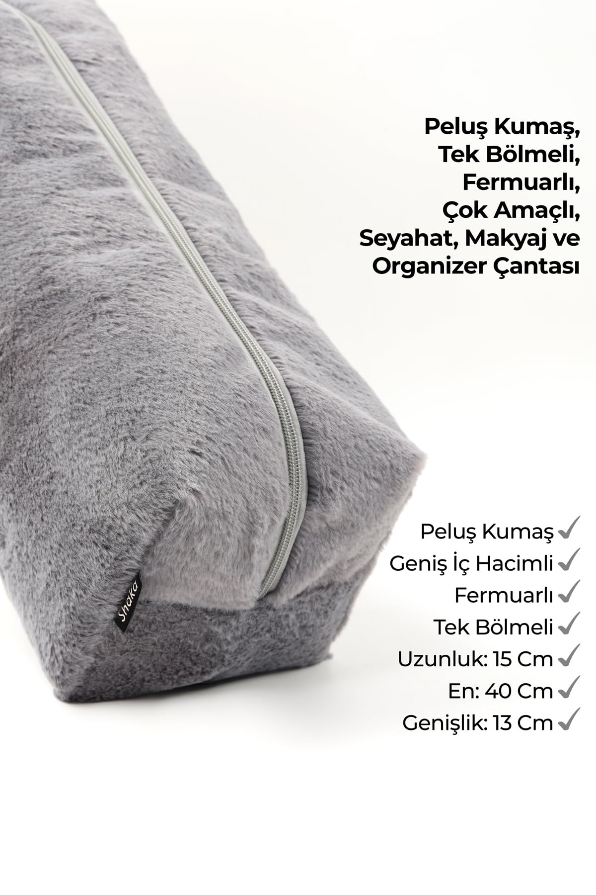 SHAKA Gri SHK268 XL Boy Peluş Kumaş Saç Şekillendirici Makyaj ve Seyahat Çantası