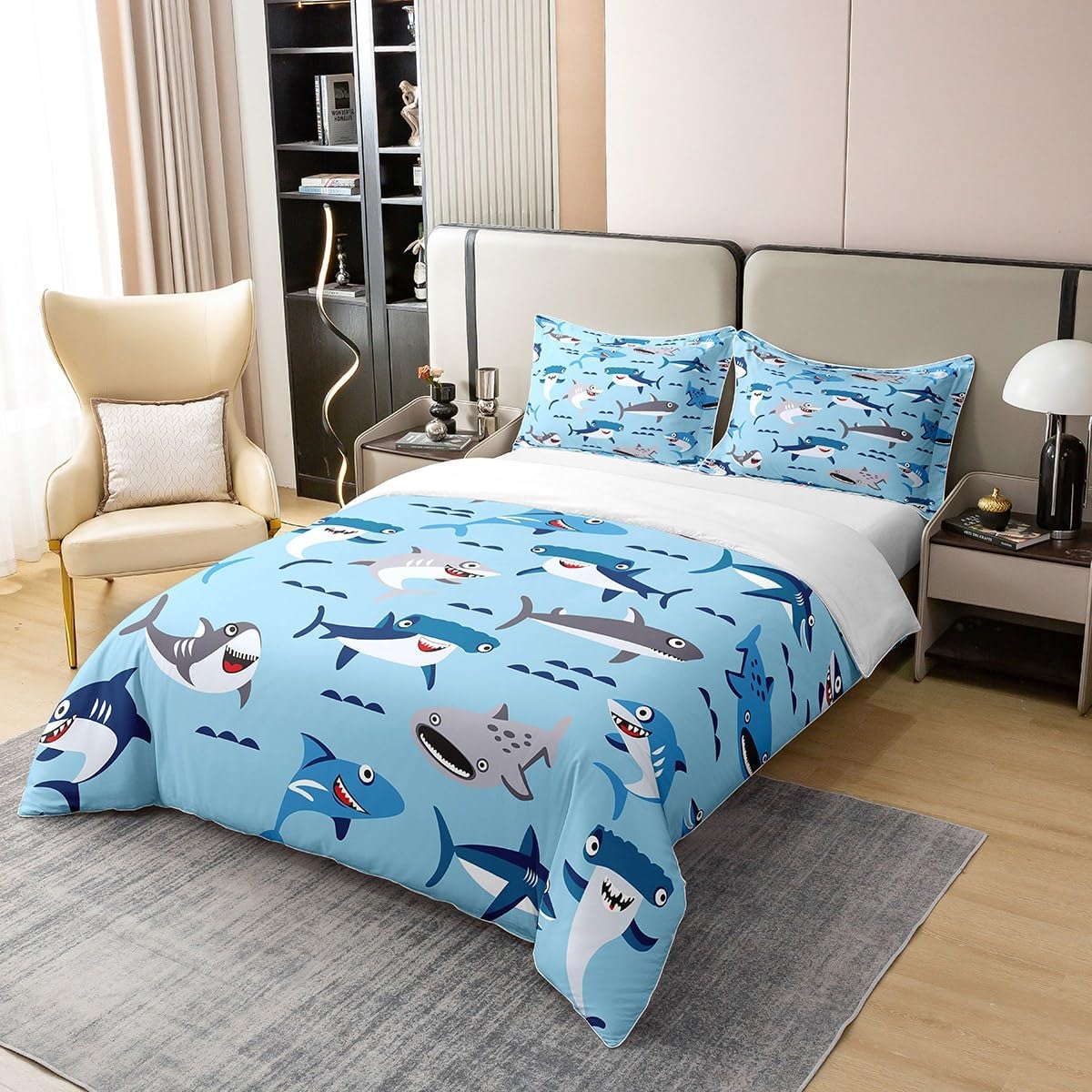 jejeloiu Shark Duvet Cover 100% Cotton Full Size Ocean Sea Animal Bedding 100% Cotton Set for Kids Boys Girls Teens Room Decor Sea Underwater World Comforter Cover Set Bedspread Cover 3Pcs Zipper