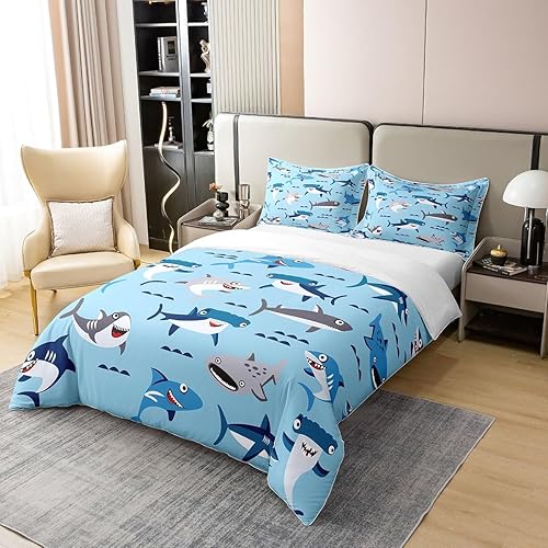 Miniatura 2 de jejeloiu Juego de funda de edredón de tiburón, 100% algodón, tamaño individual, diseño de animales marinos y océanos, 100% algodón, para niños,