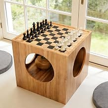 Multi-Functional Chess Table with Storage,Wooden Coffee Table Furniture | Includes 2 Thick Cushions |Complete with Chess Set, Size 17"x17"x16"Chess Table Set