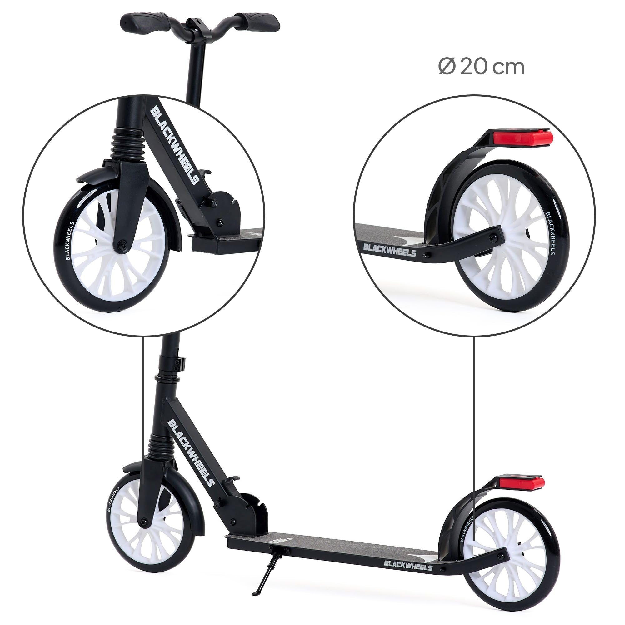 BLACKWHEELS ZOOM Monopattino da Città – Ruote Grandi 200mm, Pieghevole, Ammortizzato, Manubrio Regolabile in Altezza, Telaio Leggero in Alluminio, Guida Confortevole su Ogni Superficie