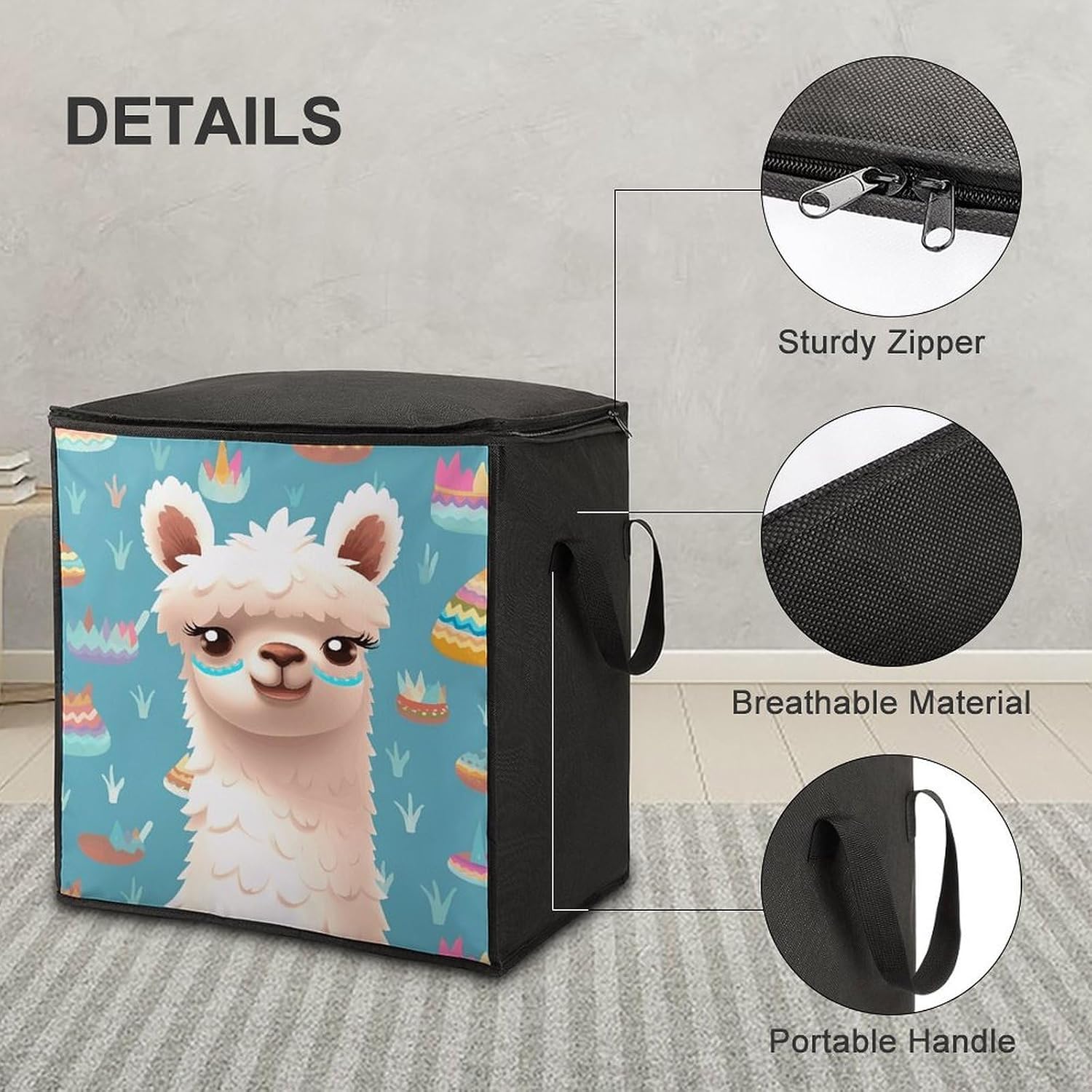 Alpaca Patterm Storage Bag with Zippers And Handle Extra Large Bedding Comforter Storage Bag Foldable Blanket Storage Bags Fabric Moving Bags for Closet Organizer (70L)