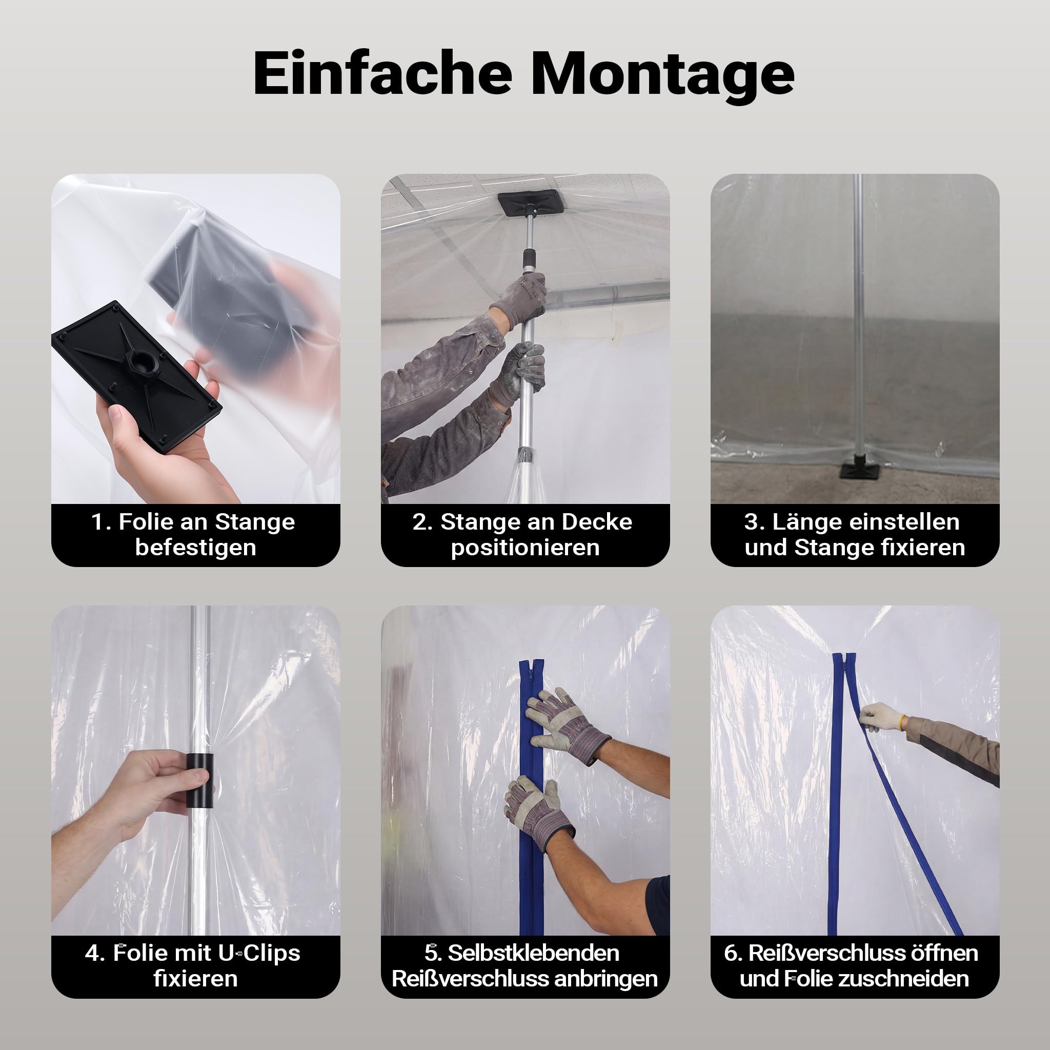Wiltec Staubschutzwand 4 x 10 m, Renovierungs-Set Staubwand mit Reißverschluss für Folientür und Teleskopstangen 1,5-3,9 m, Trennwand für Renovierung