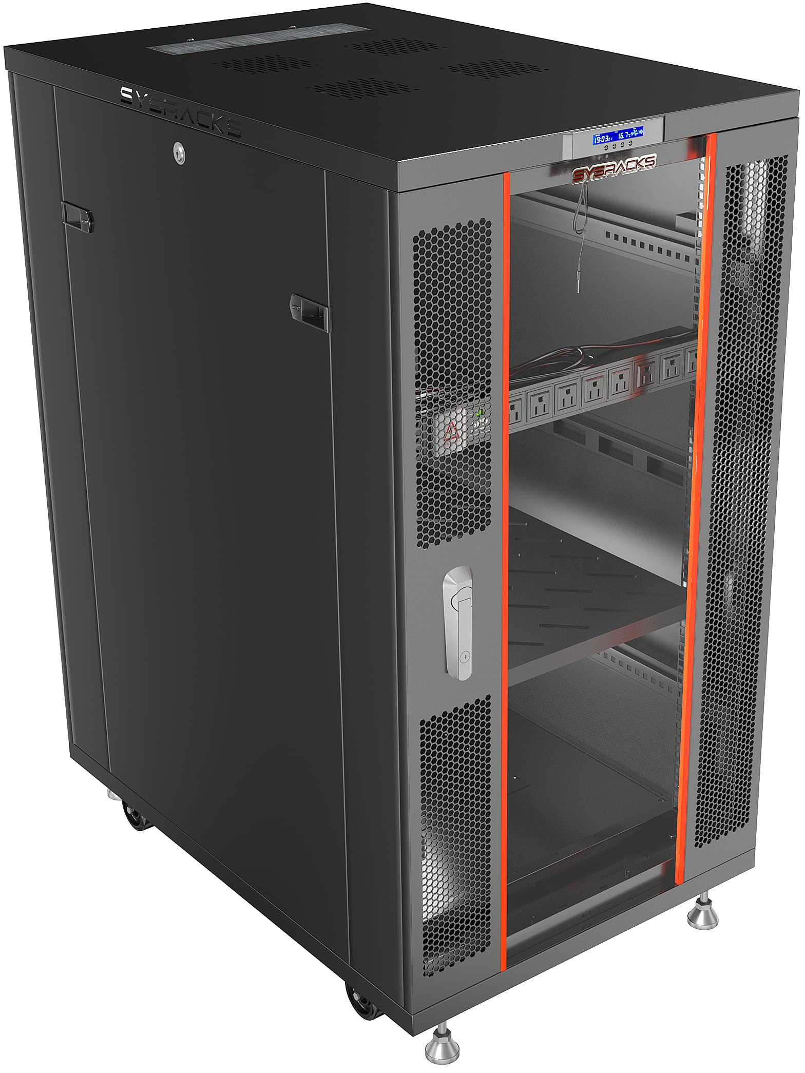 Sysracks 22U Server Rack Cabinet, 19” Floor Standing Enclosed Network Cabinet, 39” Deep IT Rack with Glass Door, 4 Fans, Temperature Control, PDU,