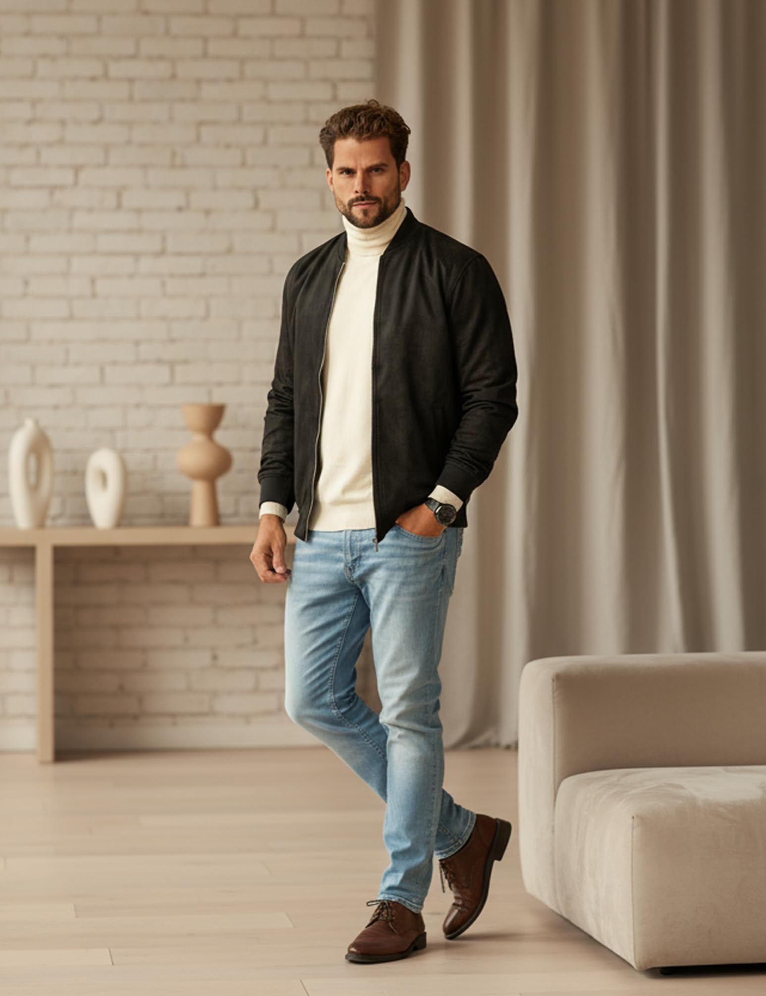behype. Herren Blouson-Jacke als Weiche Übergangsjacke - Dünne Bomberjacke mit Baseball Stehkragen in Leder-Optik für Männer - Men's Jacket