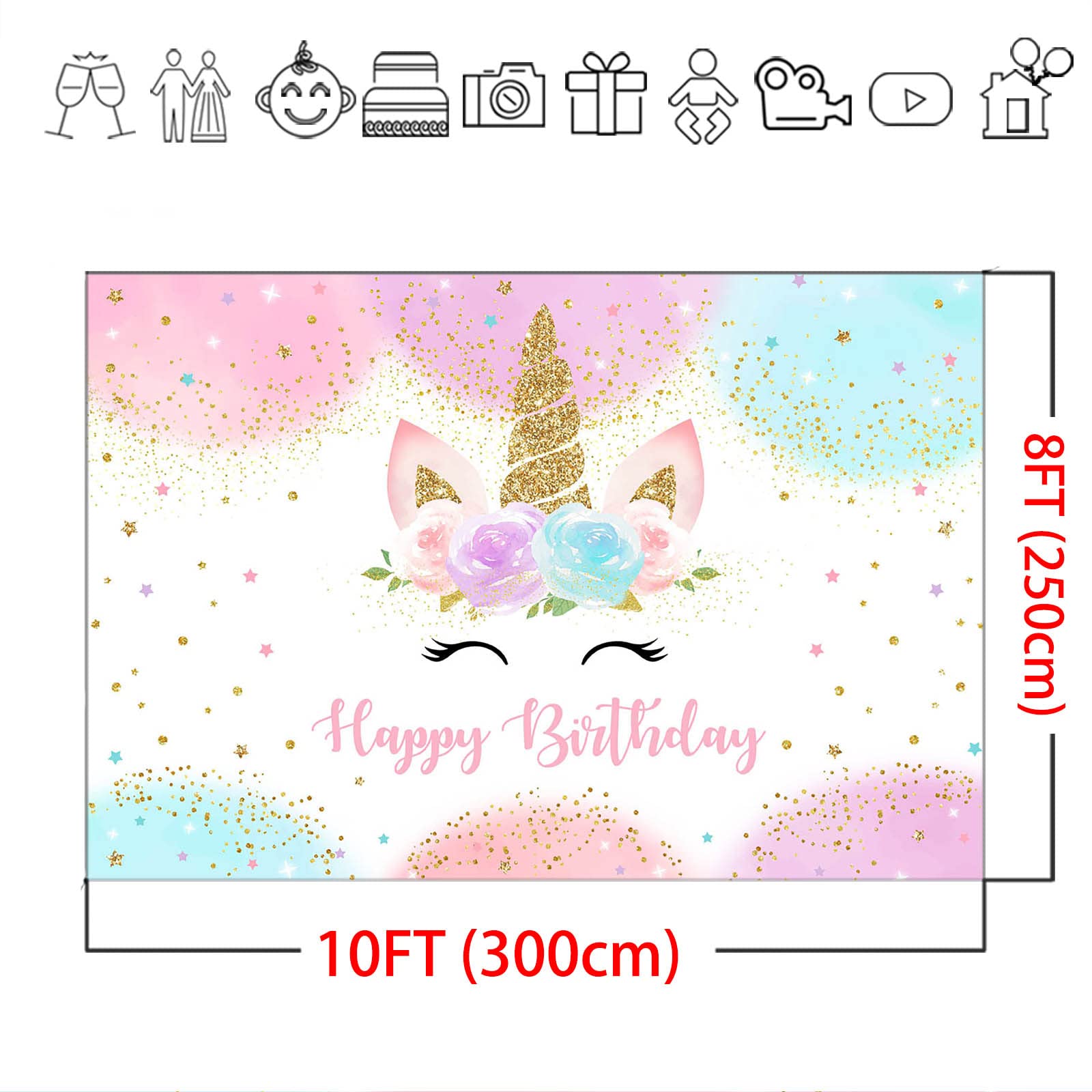 Avezano Tęczowy jednorożec tło złoty brokat jednorożec 'Happy Birthday' tło dla dziewcząt akwarela kwiatowy jednorożec przyjęcie urodzinowe zdjęcie tło dekoracje baner materiały (3 x 2,4 m)
