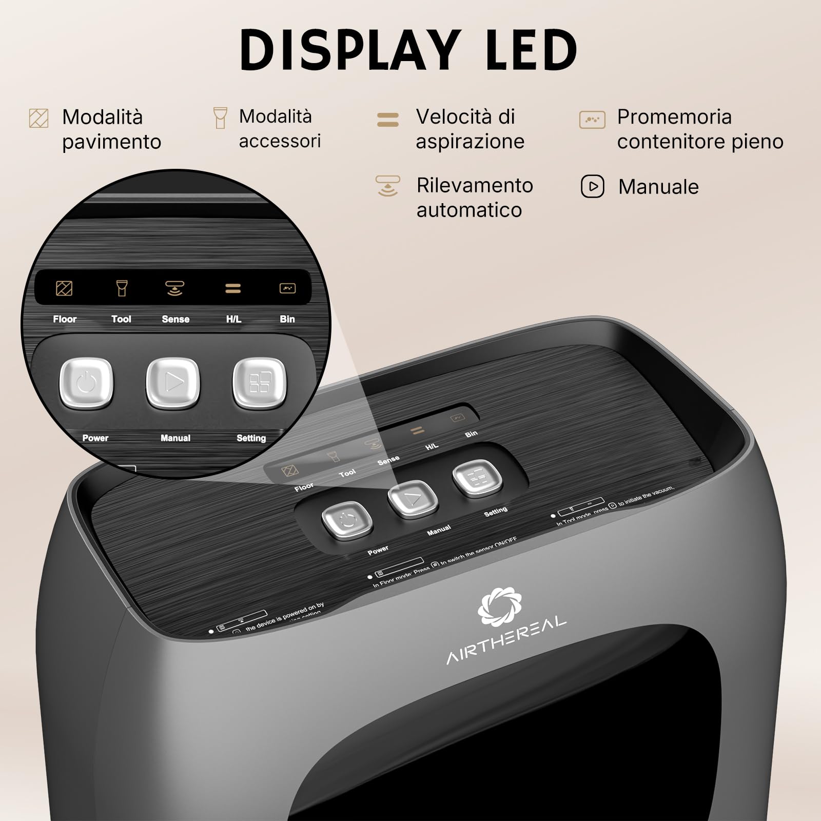 AIRTHEREAL T1 Paletta aspirante senza contatto, Aspirapolvere stazionario da 20kPa contro i peli di animali, Aspirazione con filo da 1500W con sensore a infrarossi, Serbatoio da 7L, HEPA F8 (Nero)