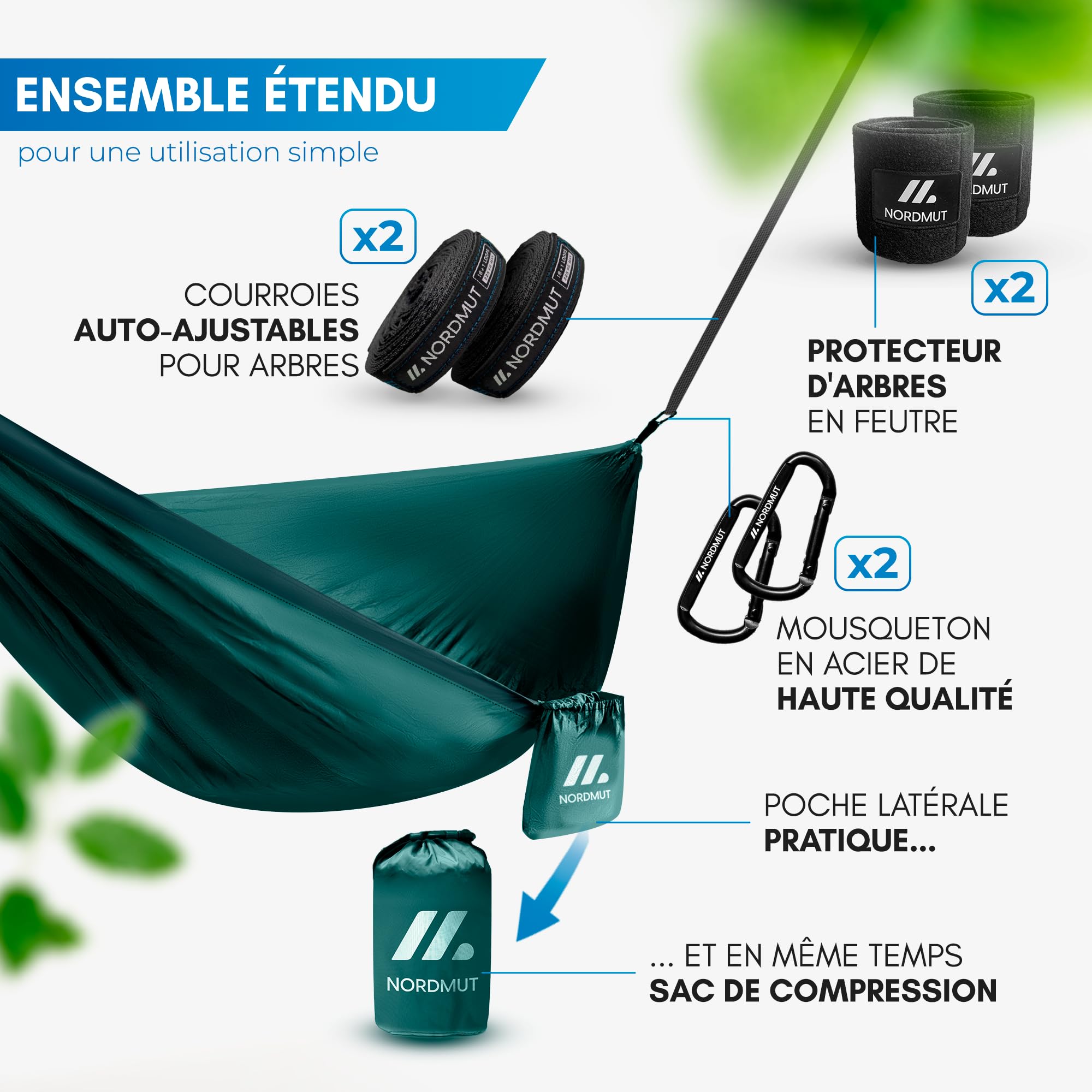 NORDMUT® Hamac Ultra Léger Outdoor [avec Kit de Fixation] – Hamac de Camping avec Kit de Protection des Arbres pour Camping, Outdoor et Jardin – Charge Max 225 kg (Bleu, 140 x 275 cm)