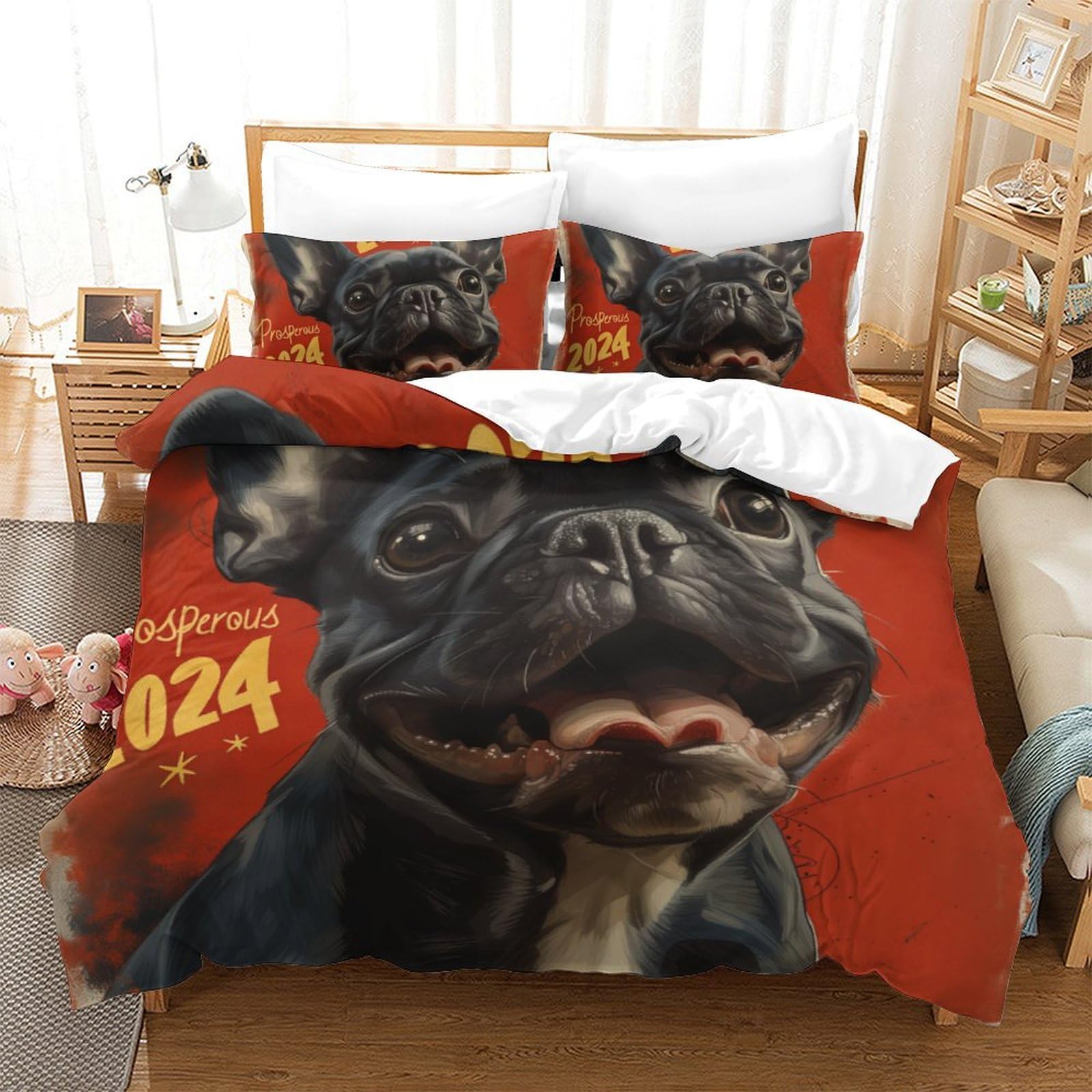 Stampato in 3D BullLuna francese Copertina Stampata Microfibra Disegnata Biancheria Da Letto Ipoallergenico Set 3 Pezzi,Double（200x200cm）, Per Ragazzi Adulti