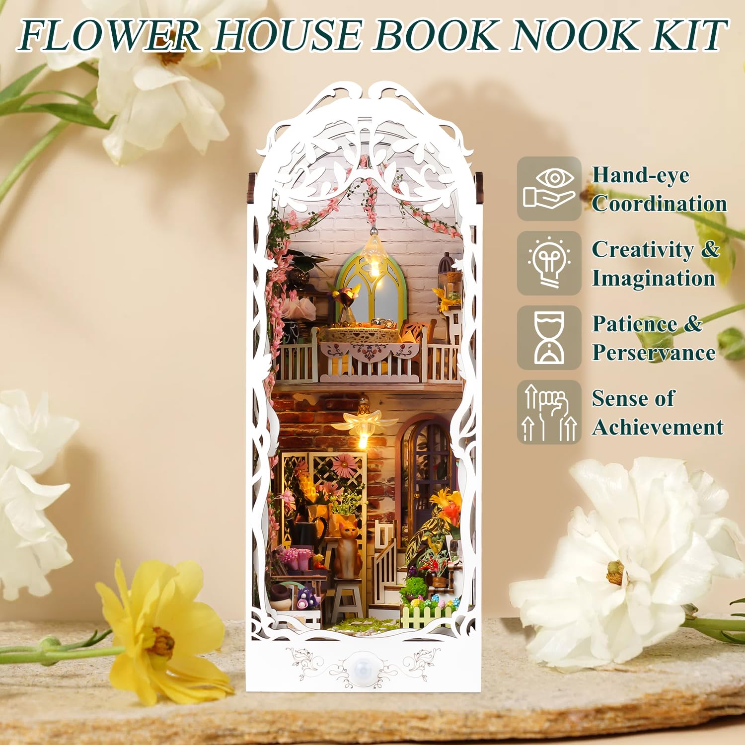 TuKIIE DIY Book Nook Miniature Kit, Booknook Dollhouse Bookshelf Insert with Sensor Light & Dust Proof, Wooden Decorative Bookend Stand Model Kits for Kids Teens Adults(Flower House)