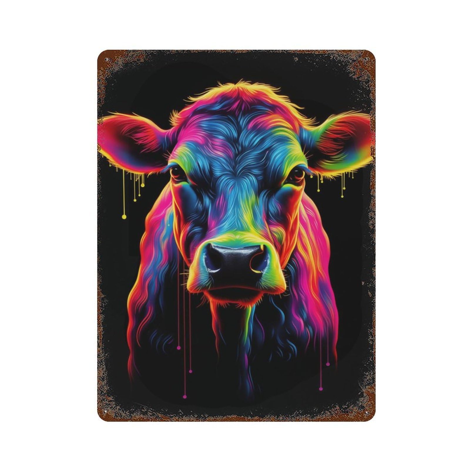 Distressed Metal Wall Sign Neon Cow 15.7"x11.8", Vintage Wall Decor for Garage, Bar And Workshop Decor