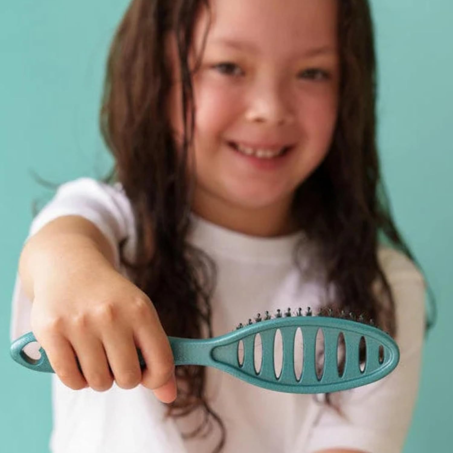 HAPPY HAIR Happy Detangler Mini Brush with Boar Bristles & Nylon Pins | Designed by Women to Detangle & Smooth Thick, Fine or Curly Hair | Pain-Free Slick Back Brush, Compact & Lightweight (Teal)