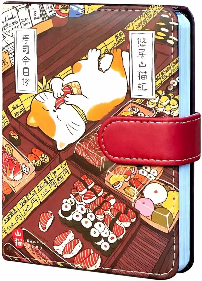 KetA Pocket Notebook, Small Cat Notebook for Women, Small Journal with Cat, Pocket Diary, Mini Cat Journal, A6 Size, 5.8 x 4.2 x 0.8 Inches, «Little Sushi Master»